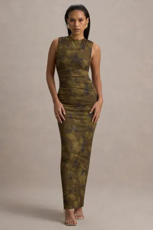 Jacinda | Khaki Floral Print Bodycon Maxi Dress Club L London