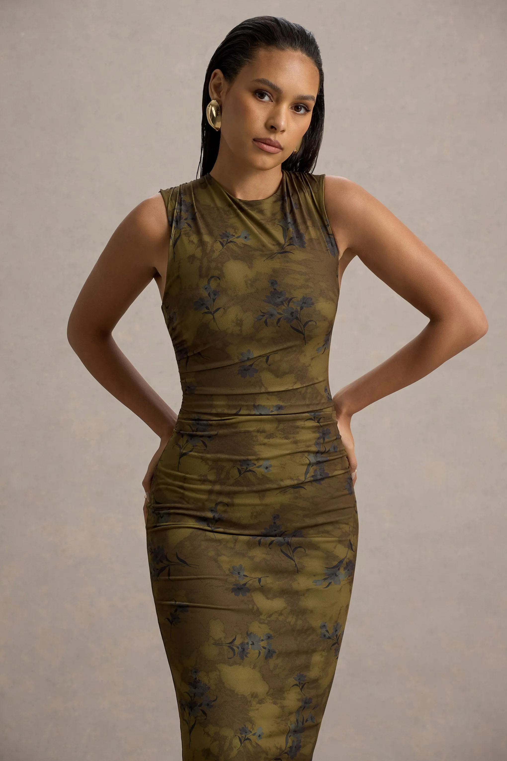 Jacinda | Khaki Floral Print Bodycon Maxi Dress Club L London