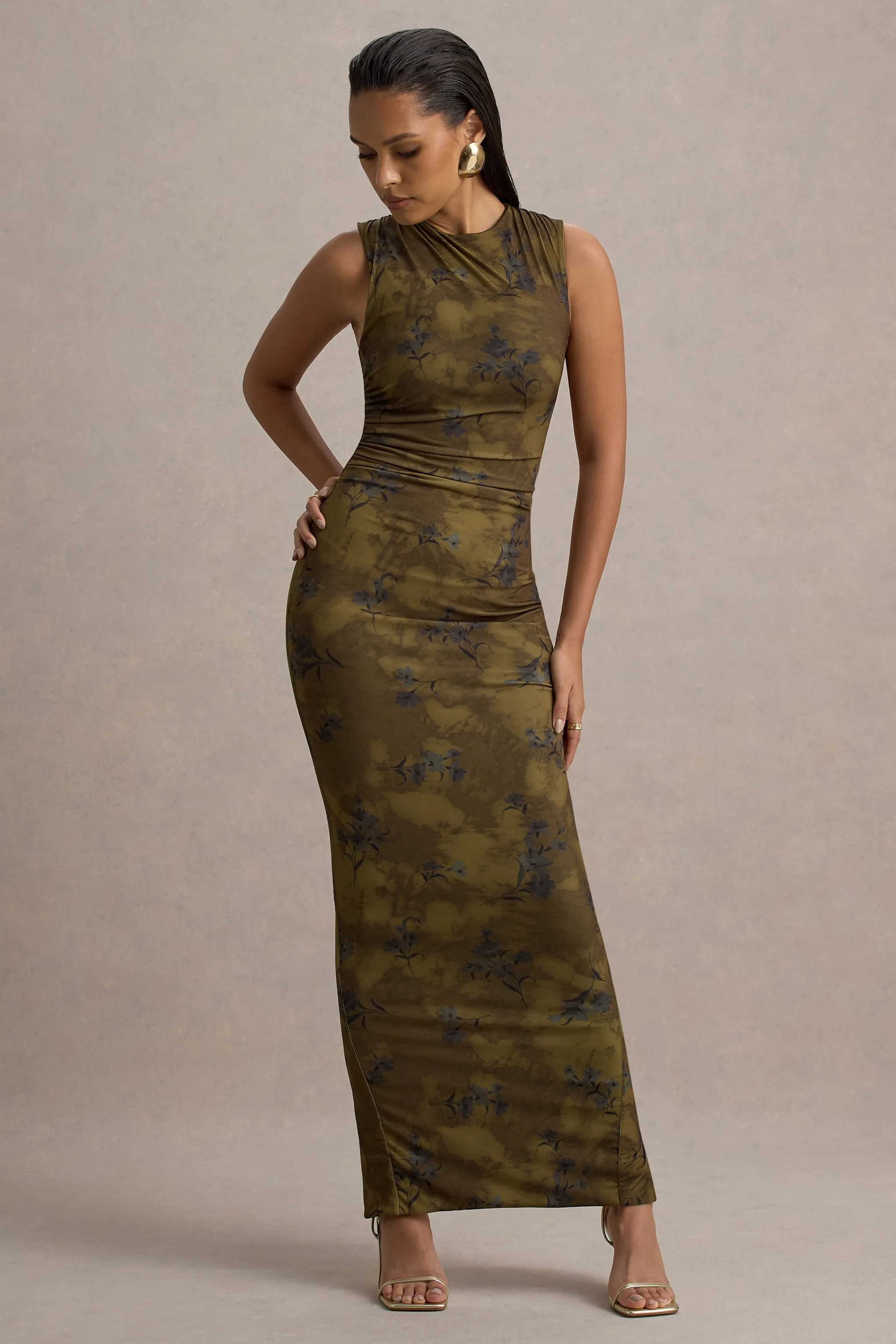 Jacinda | Khaki Floral Print Bodycon Maxi Dress Club L London