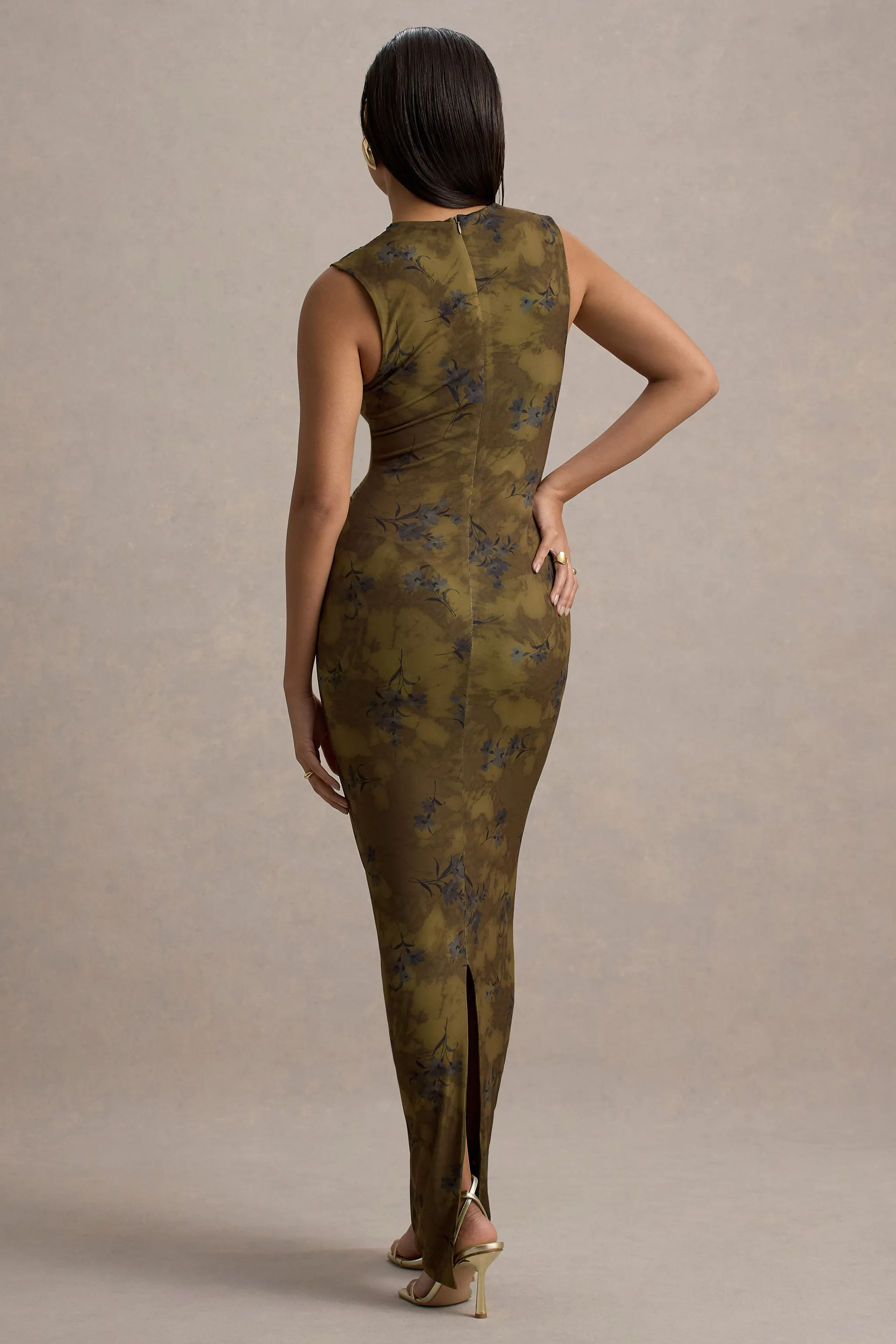 Jacinda | Khaki Floral Print Bodycon Maxi Dress Club L London
