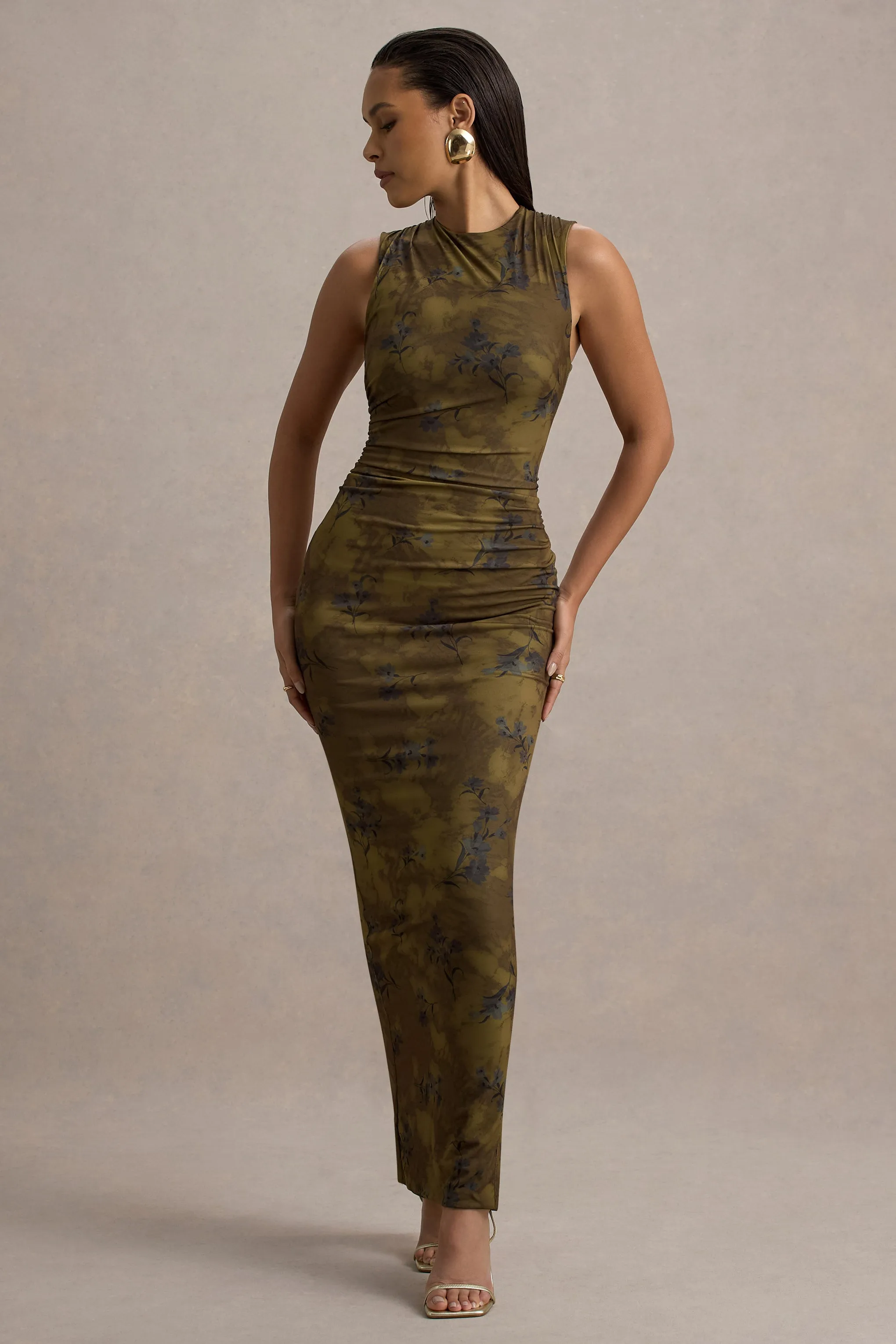 Jacinda | Khaki Floral Print Bodycon Maxi Dress Club L London