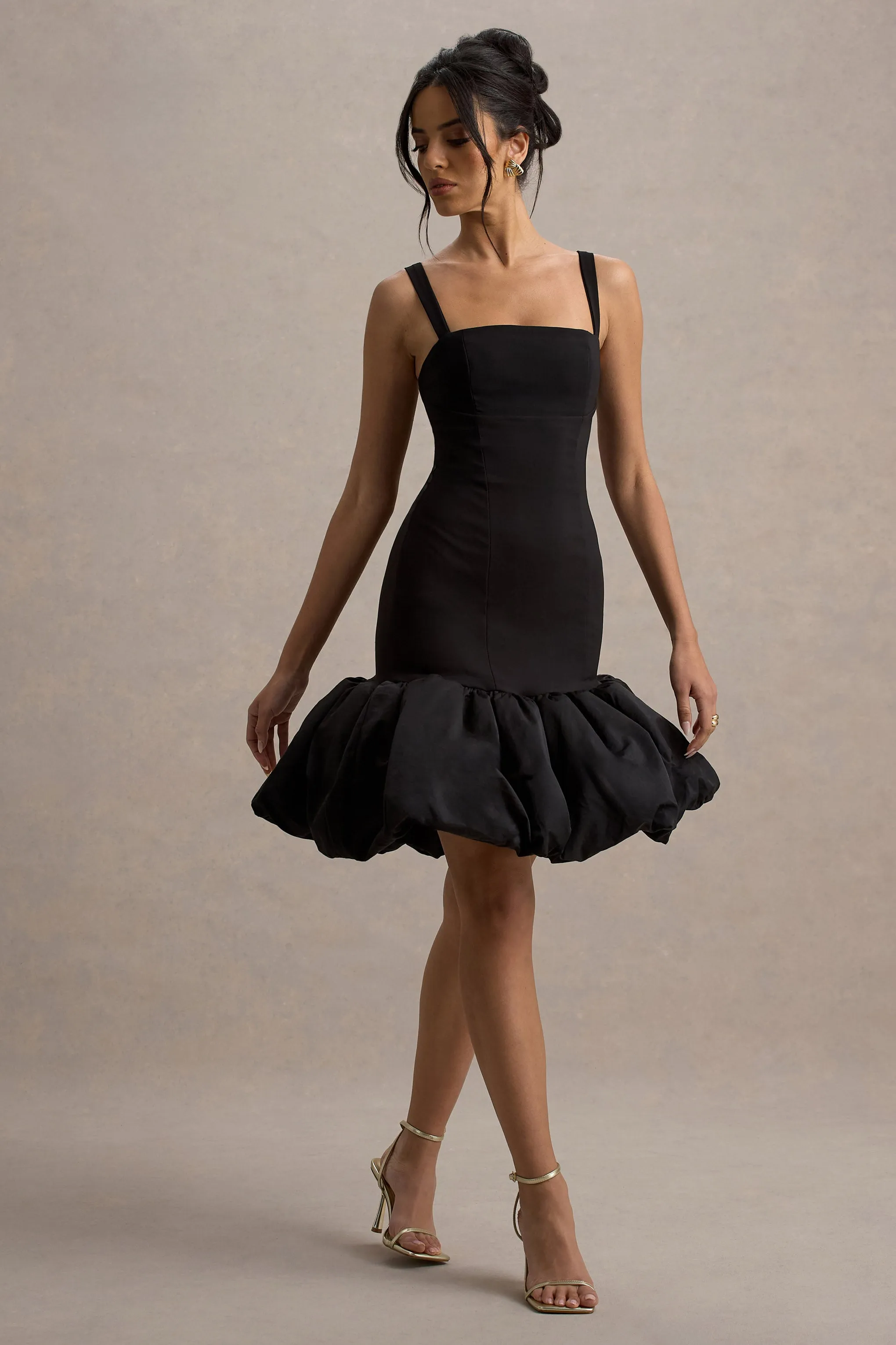 Jacque | Black Drop-Waist Midi Dress With Volume Hem Club L London
