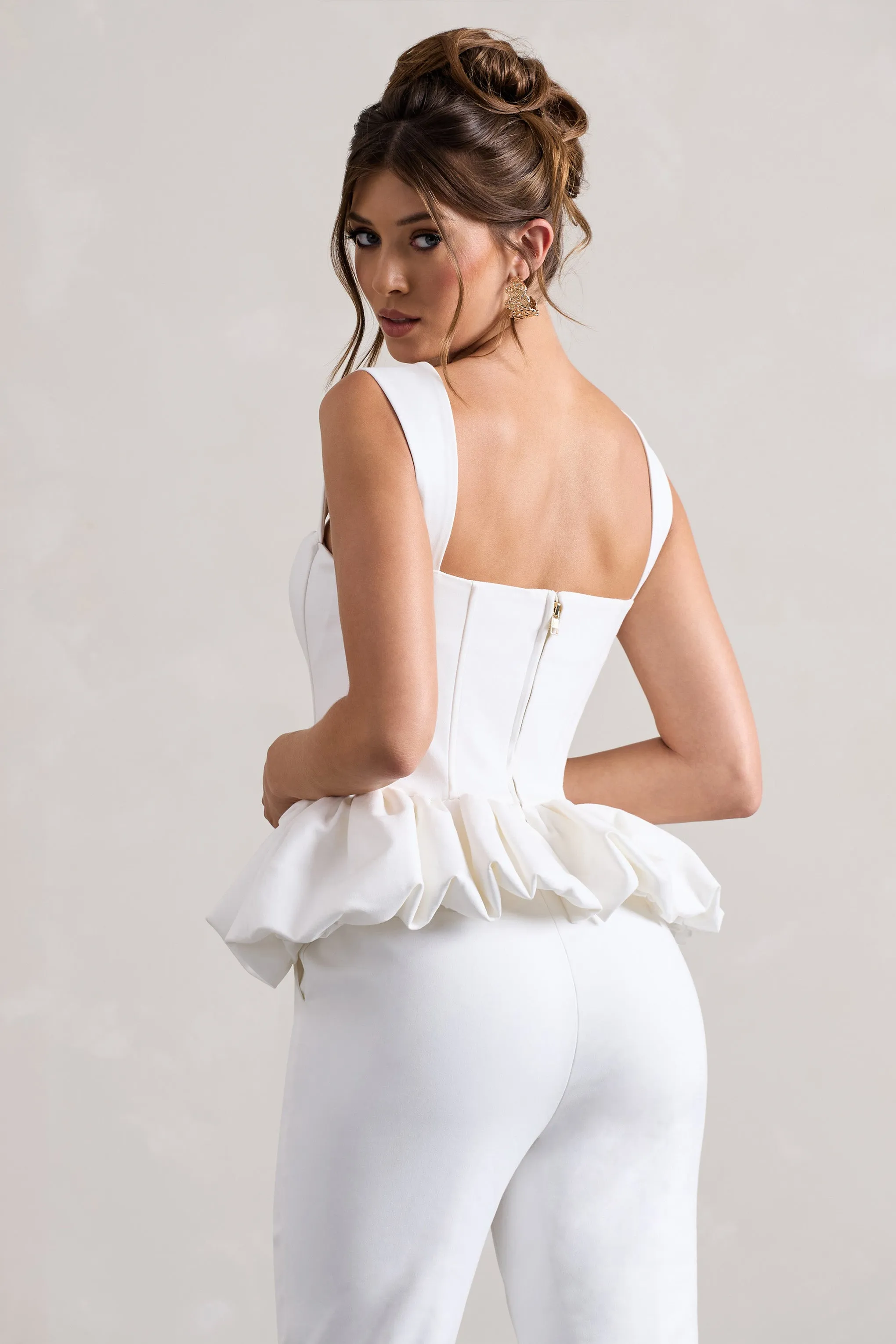 Jadia | White Sweetheart Corset Top With Puff Hem Club L London
