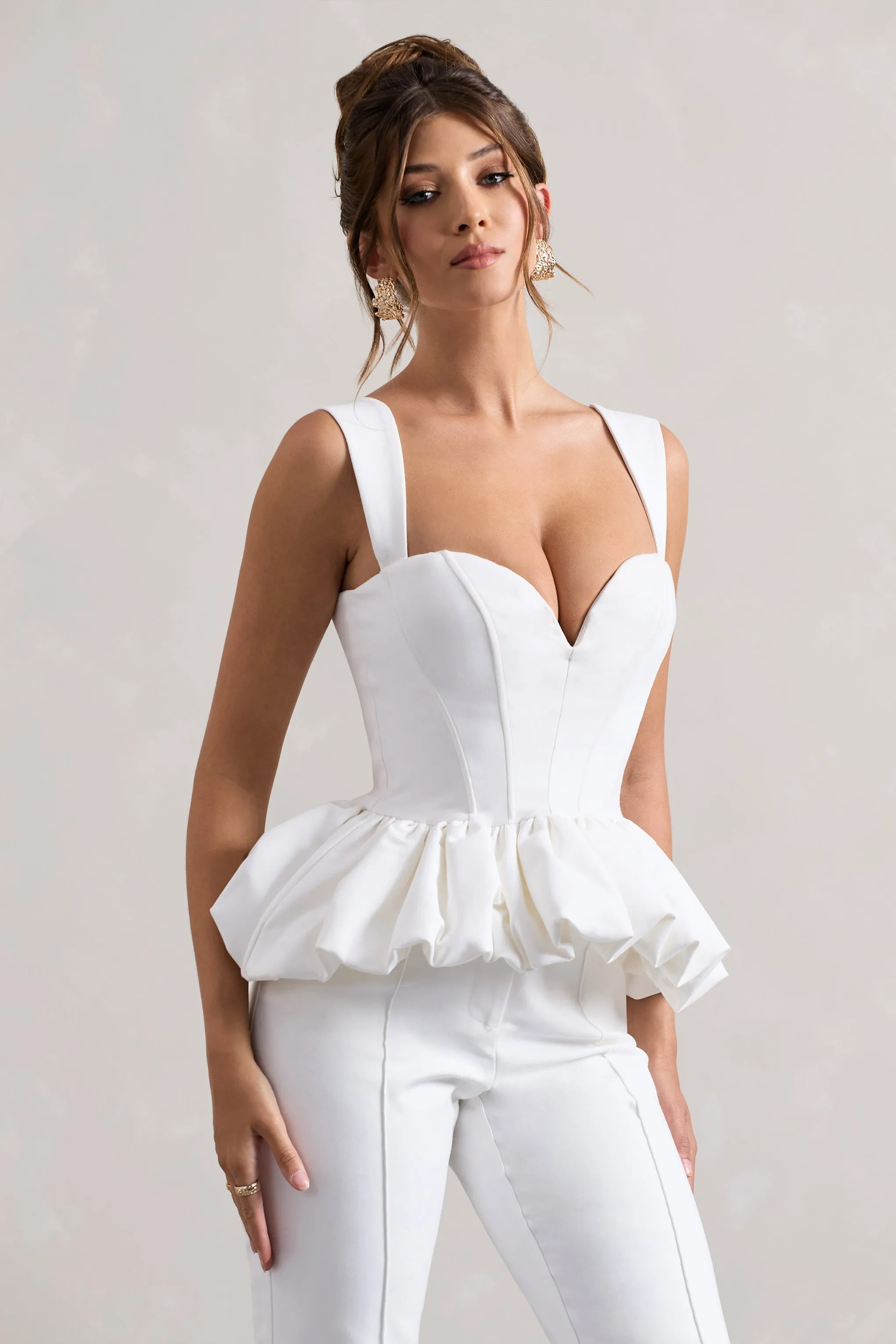 Jadia | White Sweetheart Corset Top With Puff Hem Club L London