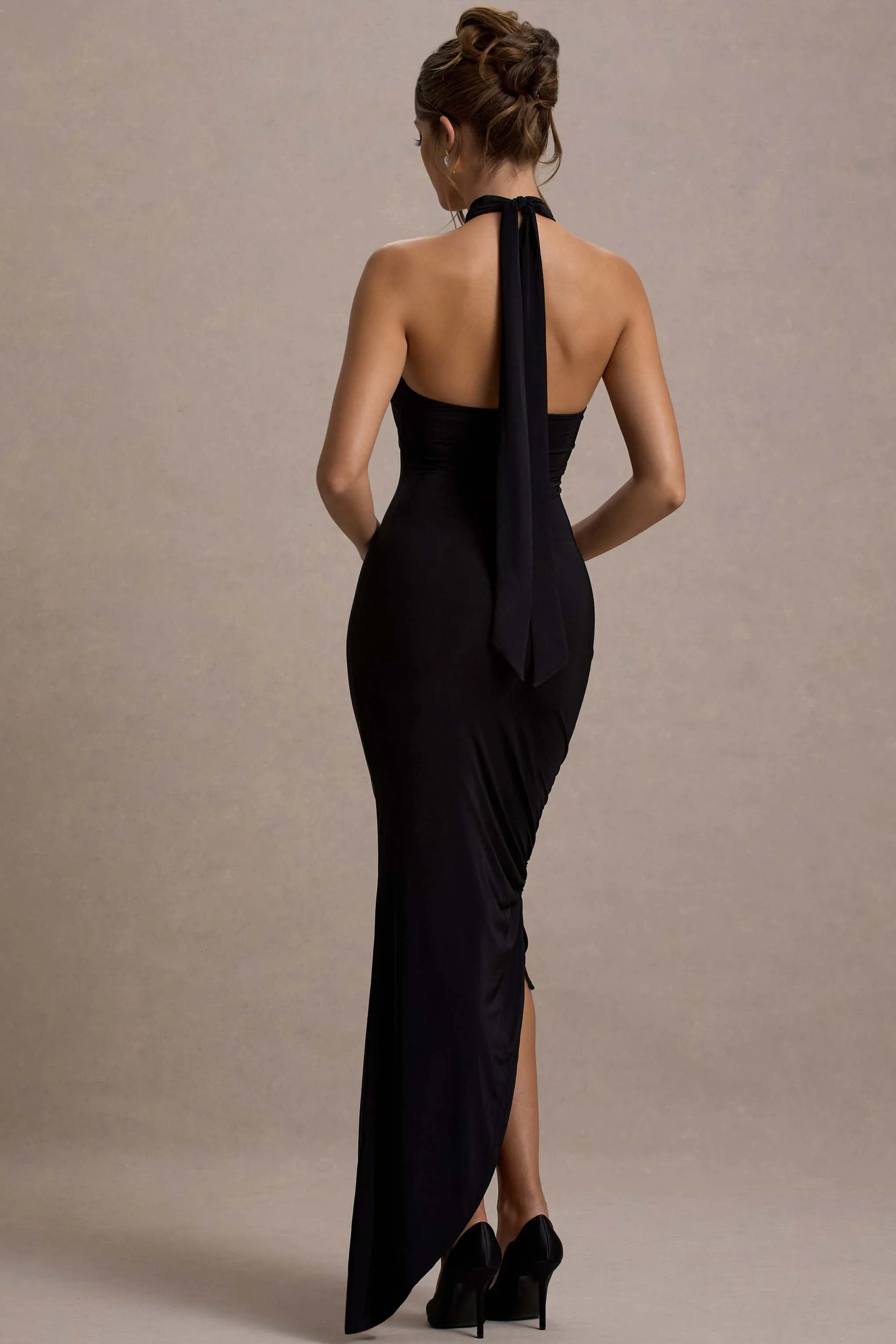 Jaiya | Black Ruched Halter-Neck Asymmetric Maxi Dress Club L London