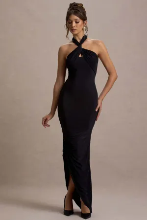 Jaiya | Black Ruched Halter-Neck Asymmetric Maxi Dress Club L London