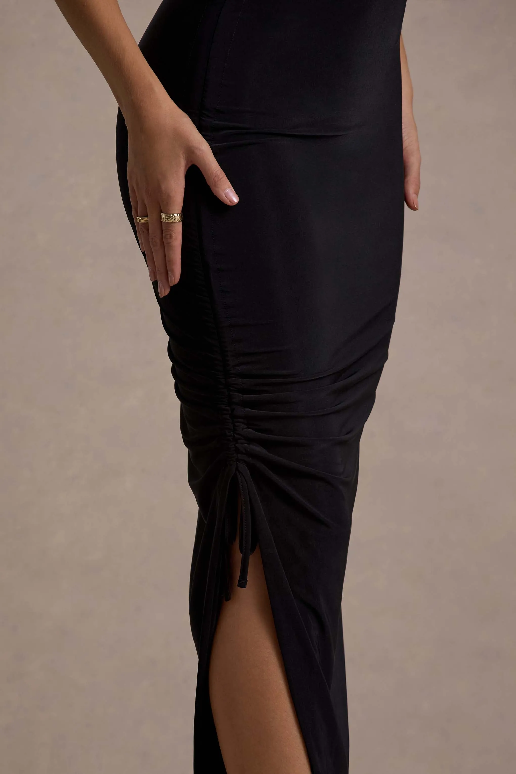 Jaiya | Black Ruched Halter-Neck Asymmetric Maxi Dress Club L London