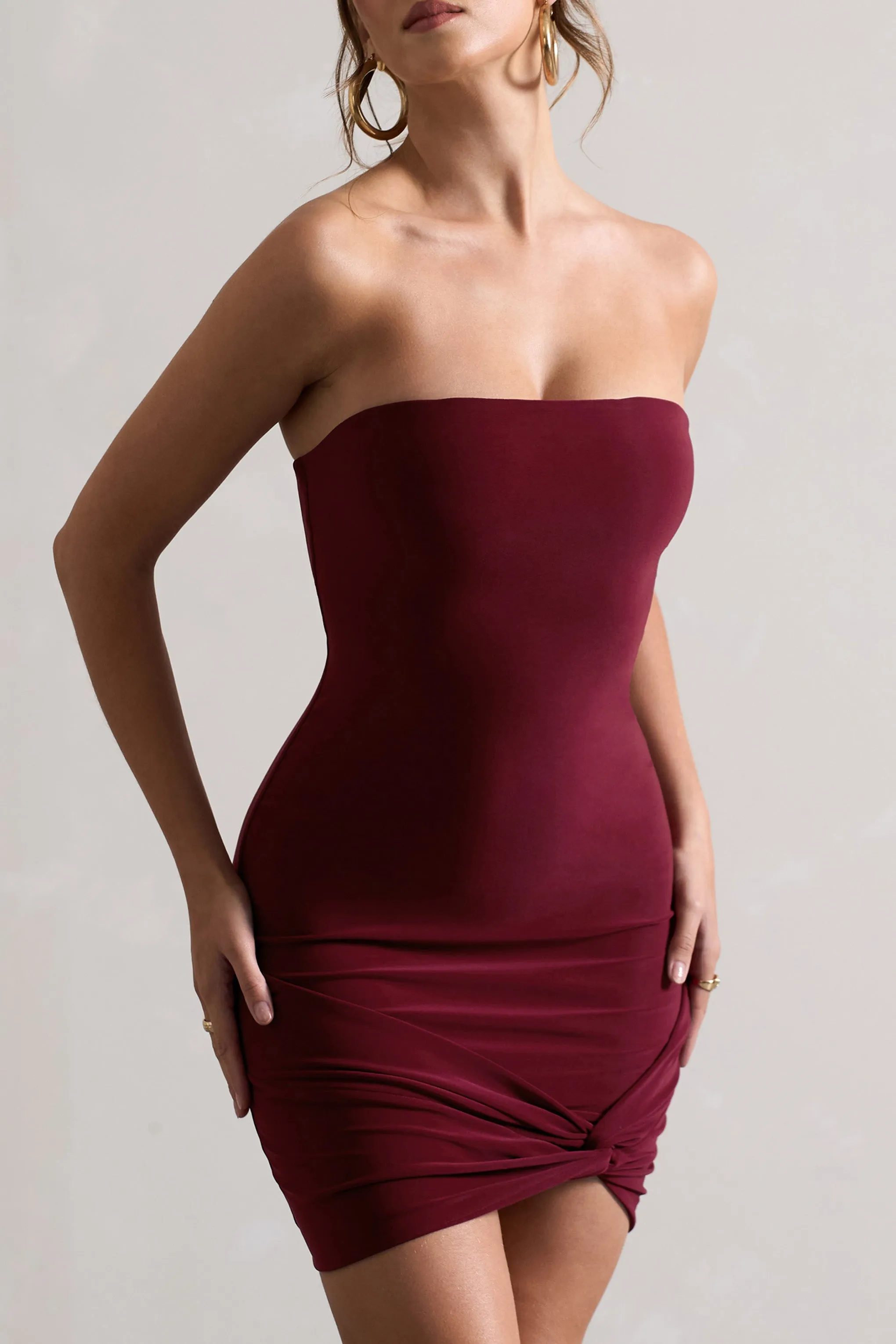 Jamie | Berry Strapless Mini Dress With Knot Skirt Club L London