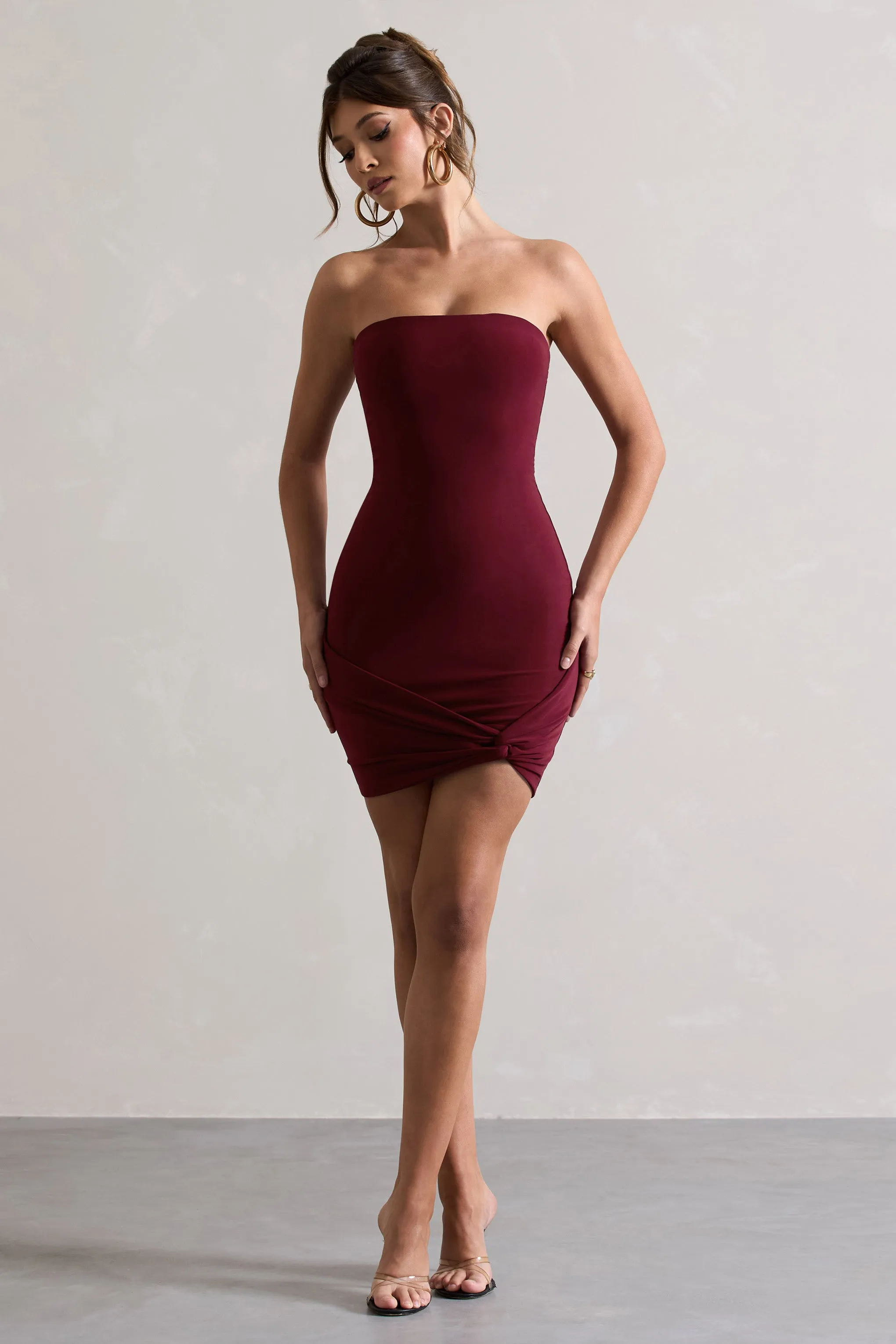 Jamie | Berry Strapless Mini Dress With Knot Skirt Club L London