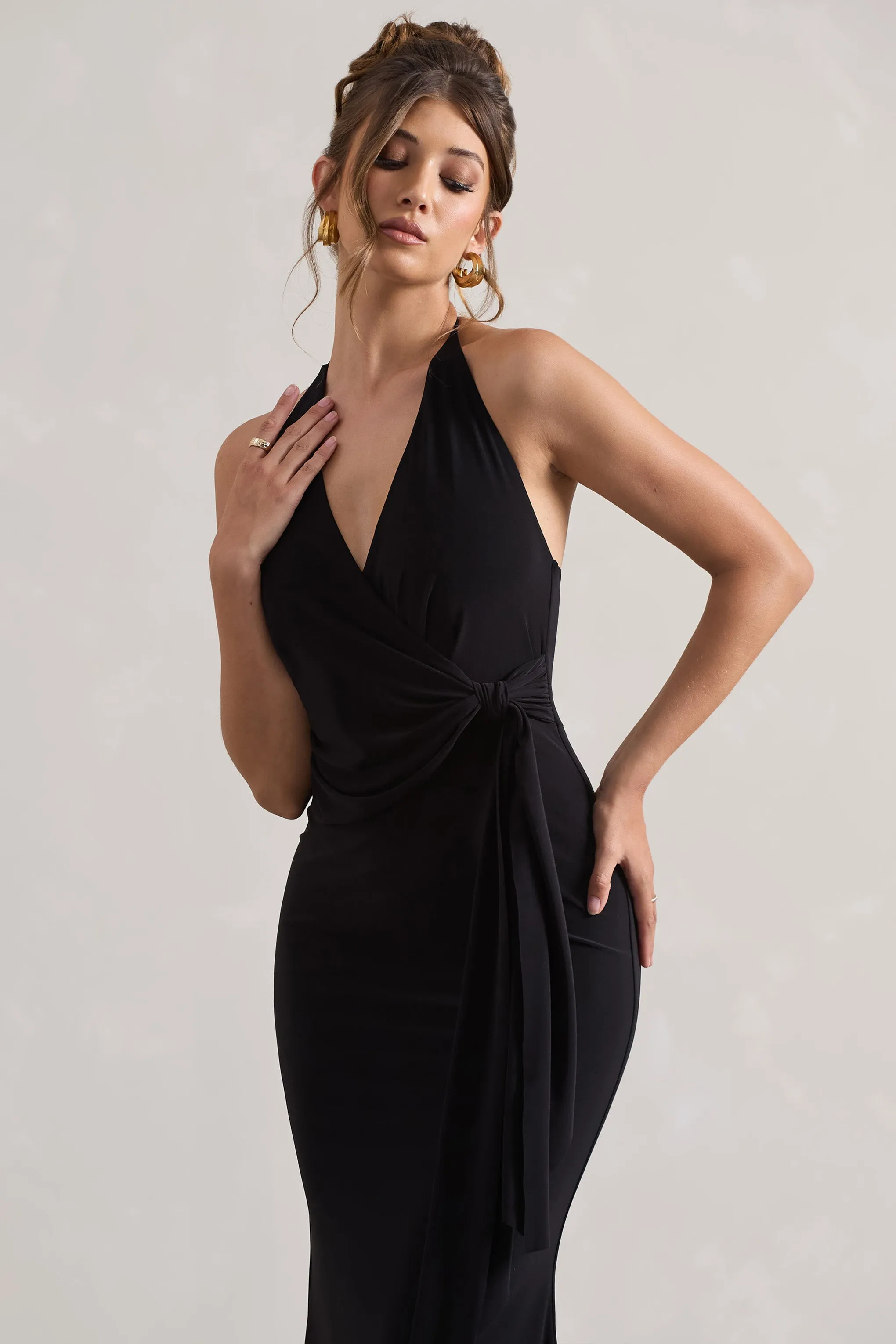 Janelle | Black Halter-Neck Gathered Drape Maxi Dress Club L London