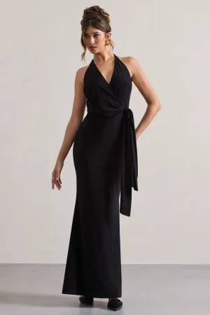 Janelle | Black Halter-Neck Gathered Drape Maxi Dress Club L London