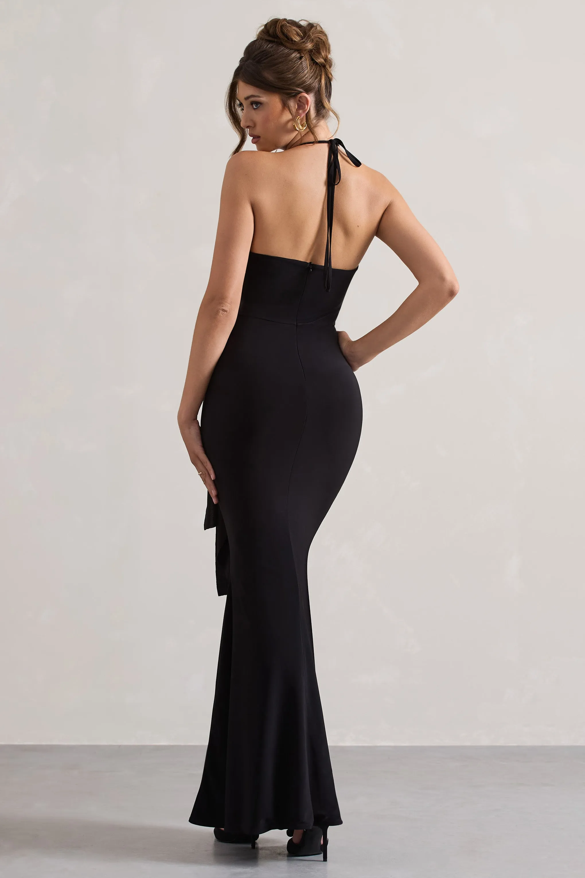 Janelle | Black Halter-Neck Gathered Drape Maxi Dress Club L London