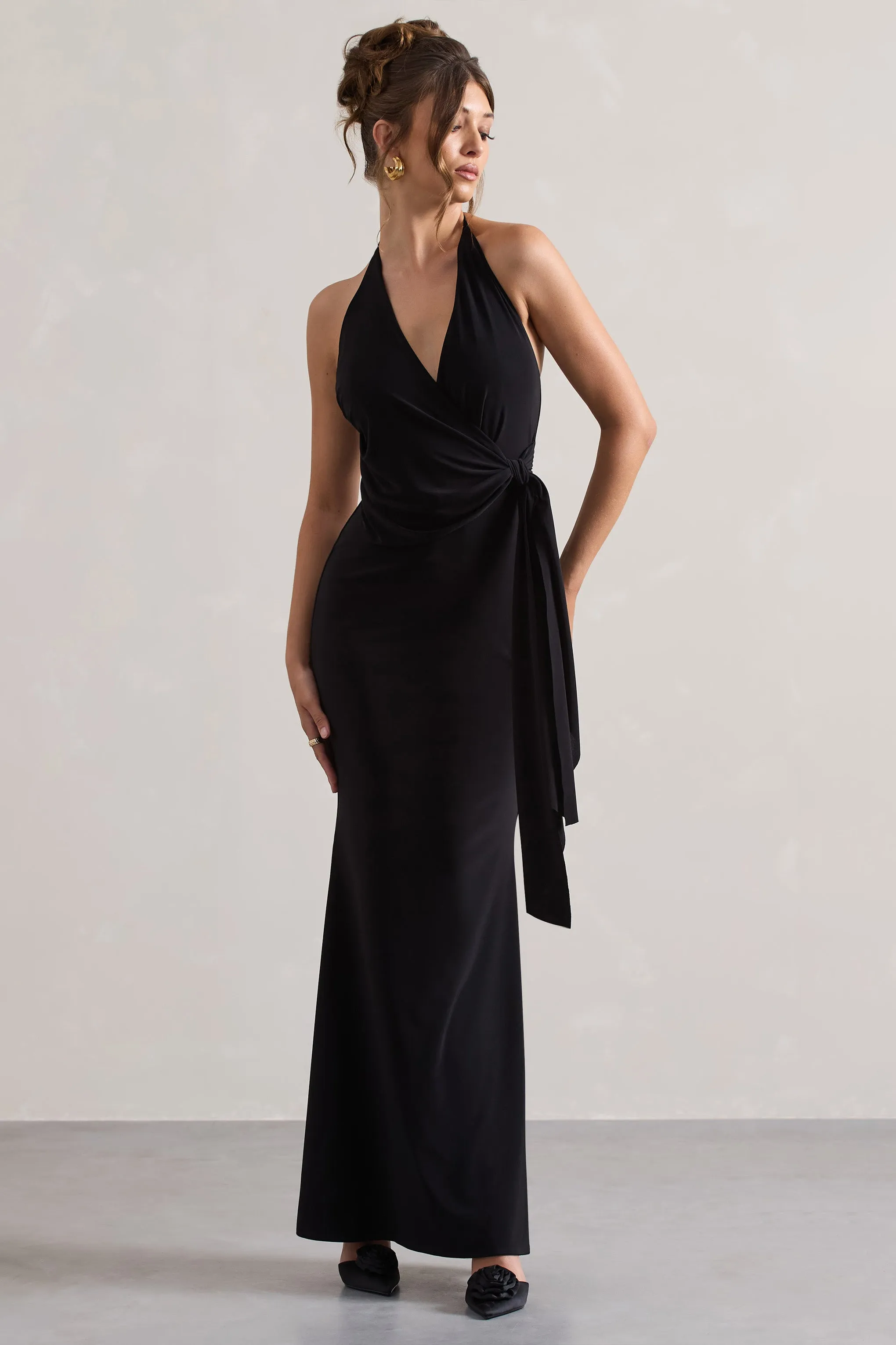Janelle | Black Halter-Neck Gathered Drape Maxi Dress Club L London