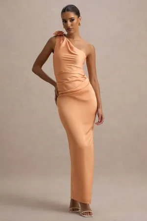 Janette | Peach Satin One-Shoulder Split Maxi Dress With Corsage Club L London