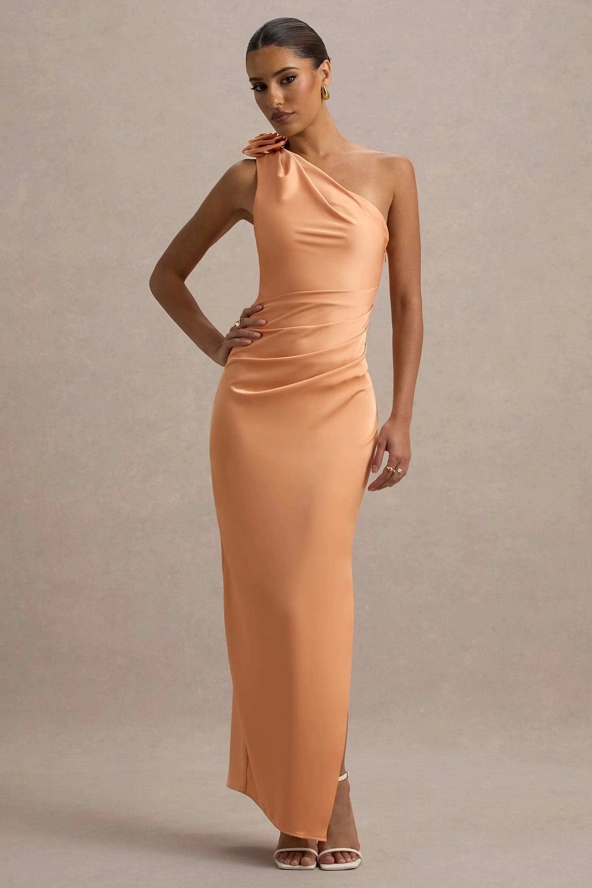Janette | Peach Satin One-Shoulder Split Maxi Dress With Corsage Club L London