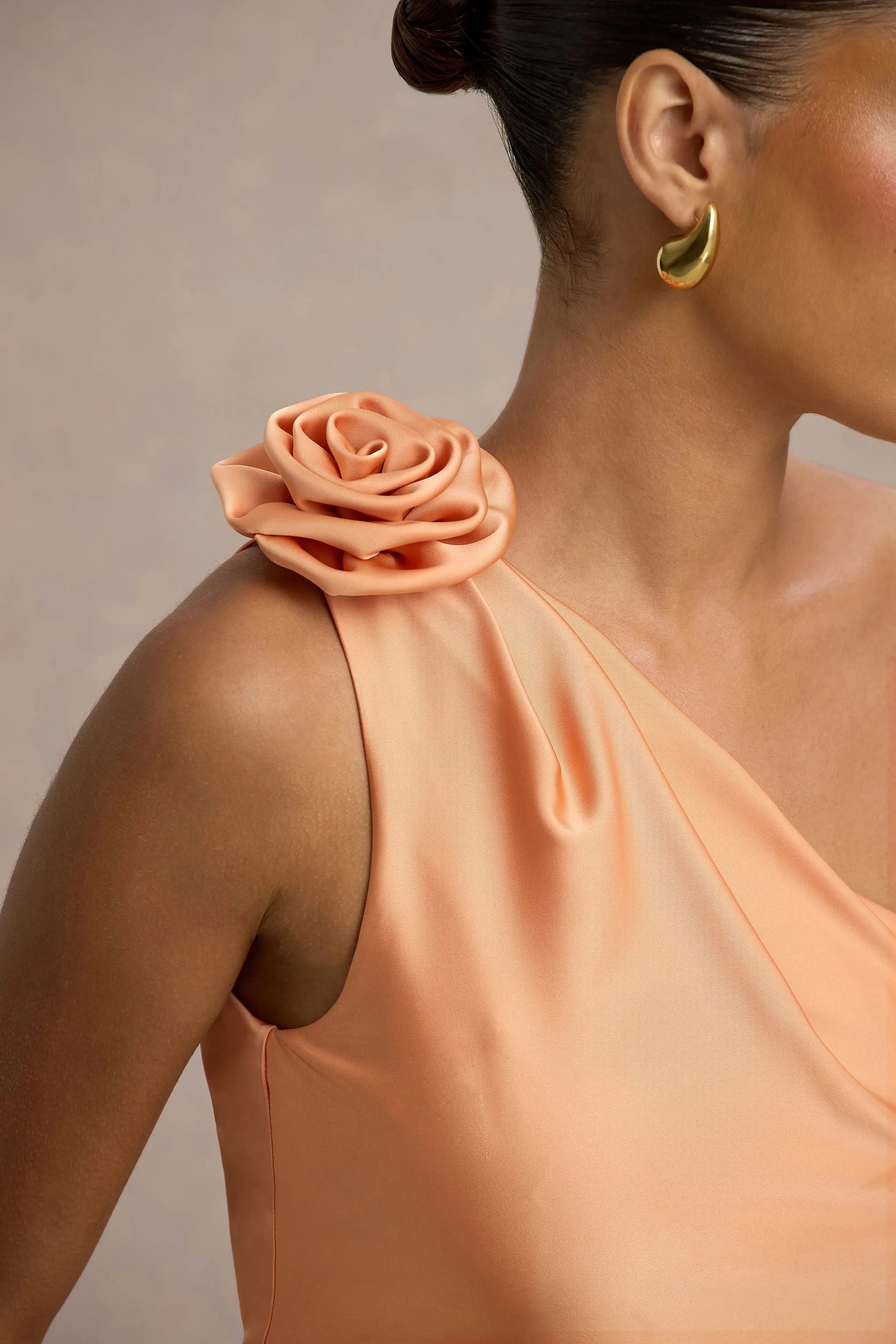 Janette | Peach Satin One-Shoulder Split Maxi Dress With Corsage Club L London