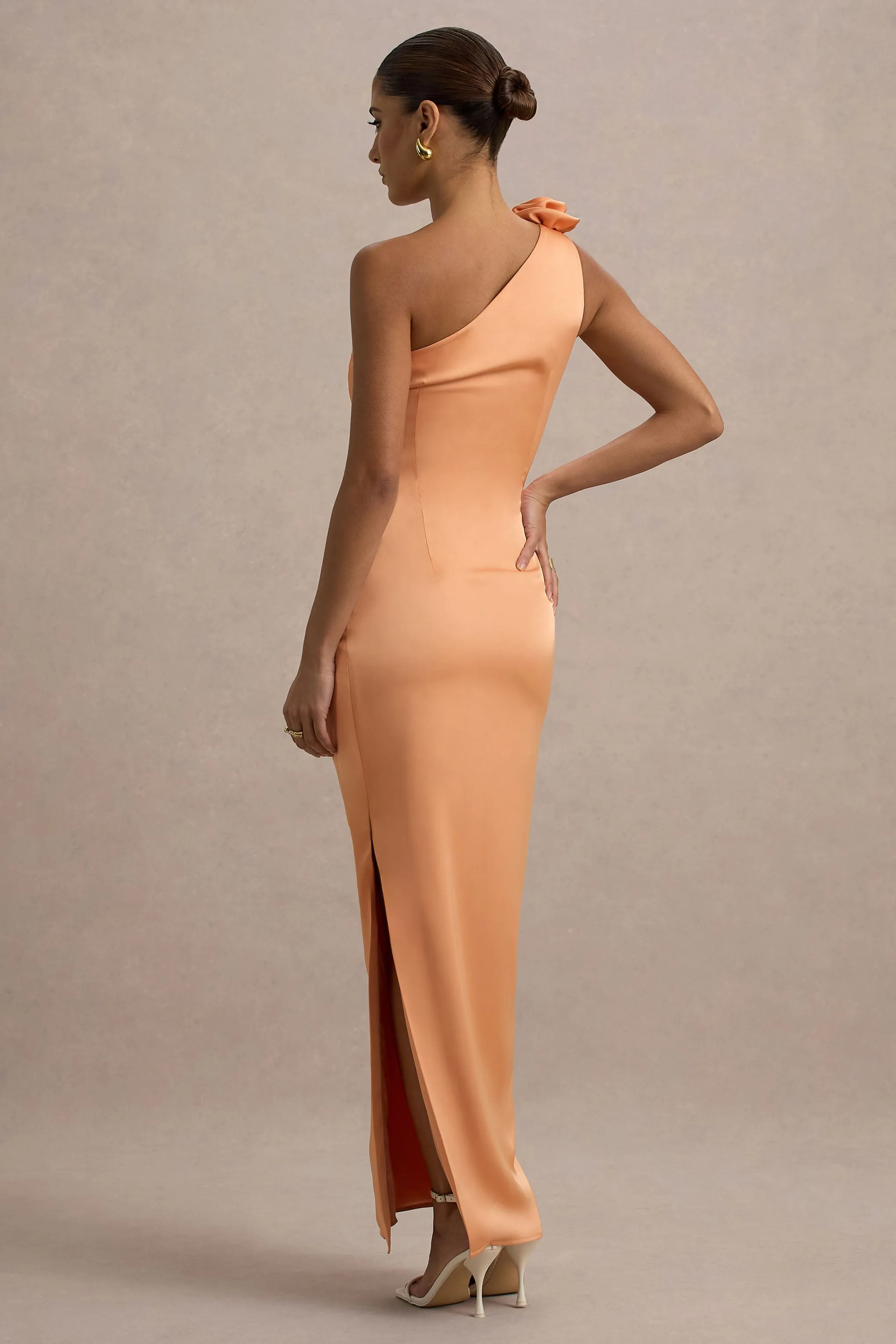 Janette | Peach Satin One-Shoulder Split Maxi Dress With Corsage Club L London