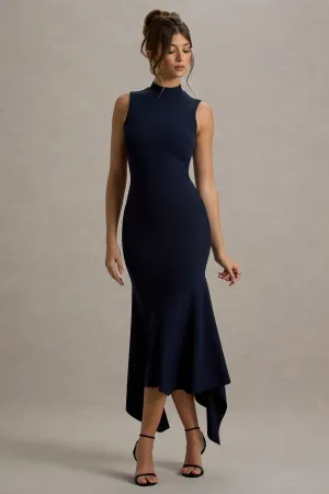 Janice | Navy High-Neck Hanky-Hem Maxi Dress Club L London