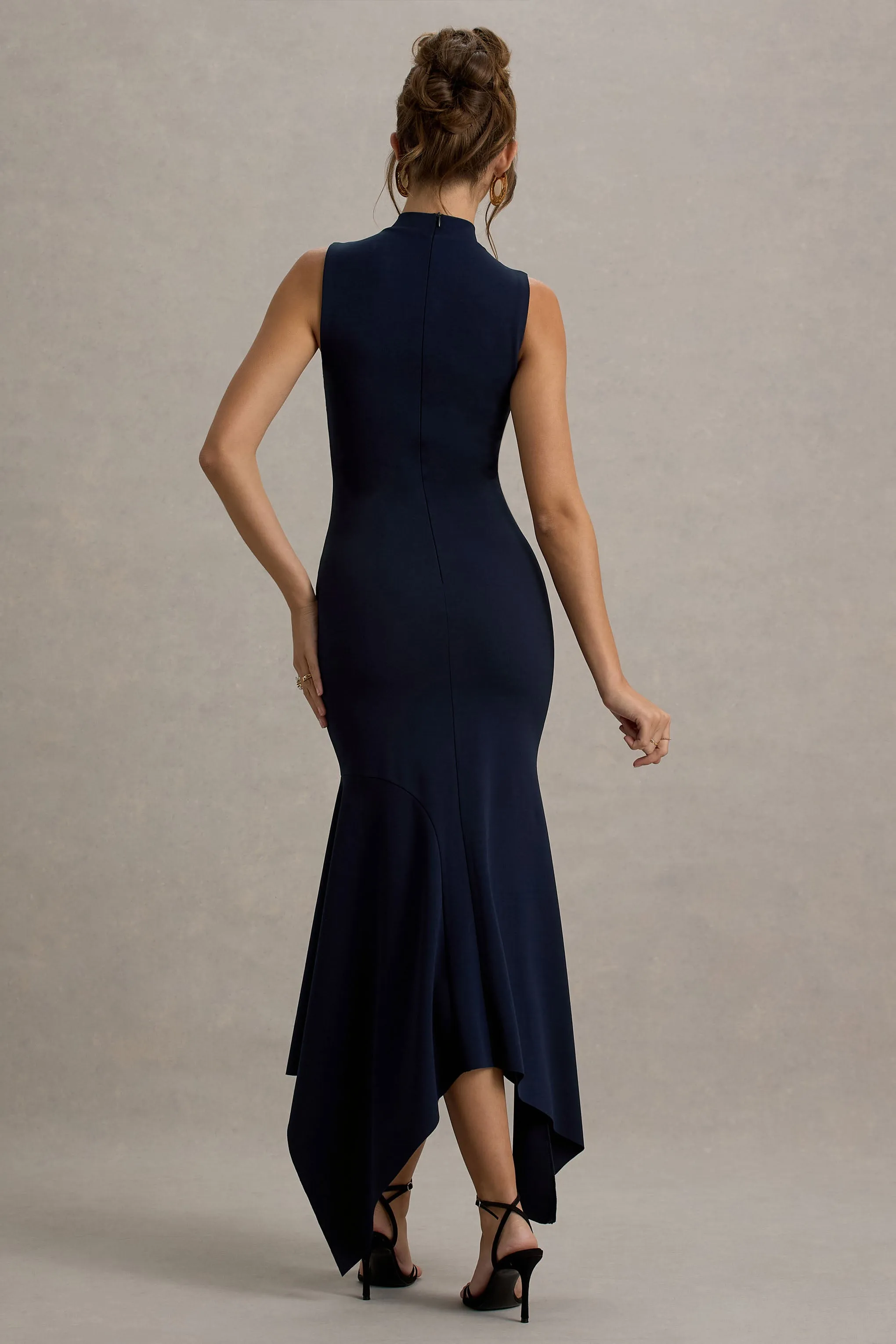 Janice | Navy High-Neck Hanky-Hem Maxi Dress Club L London