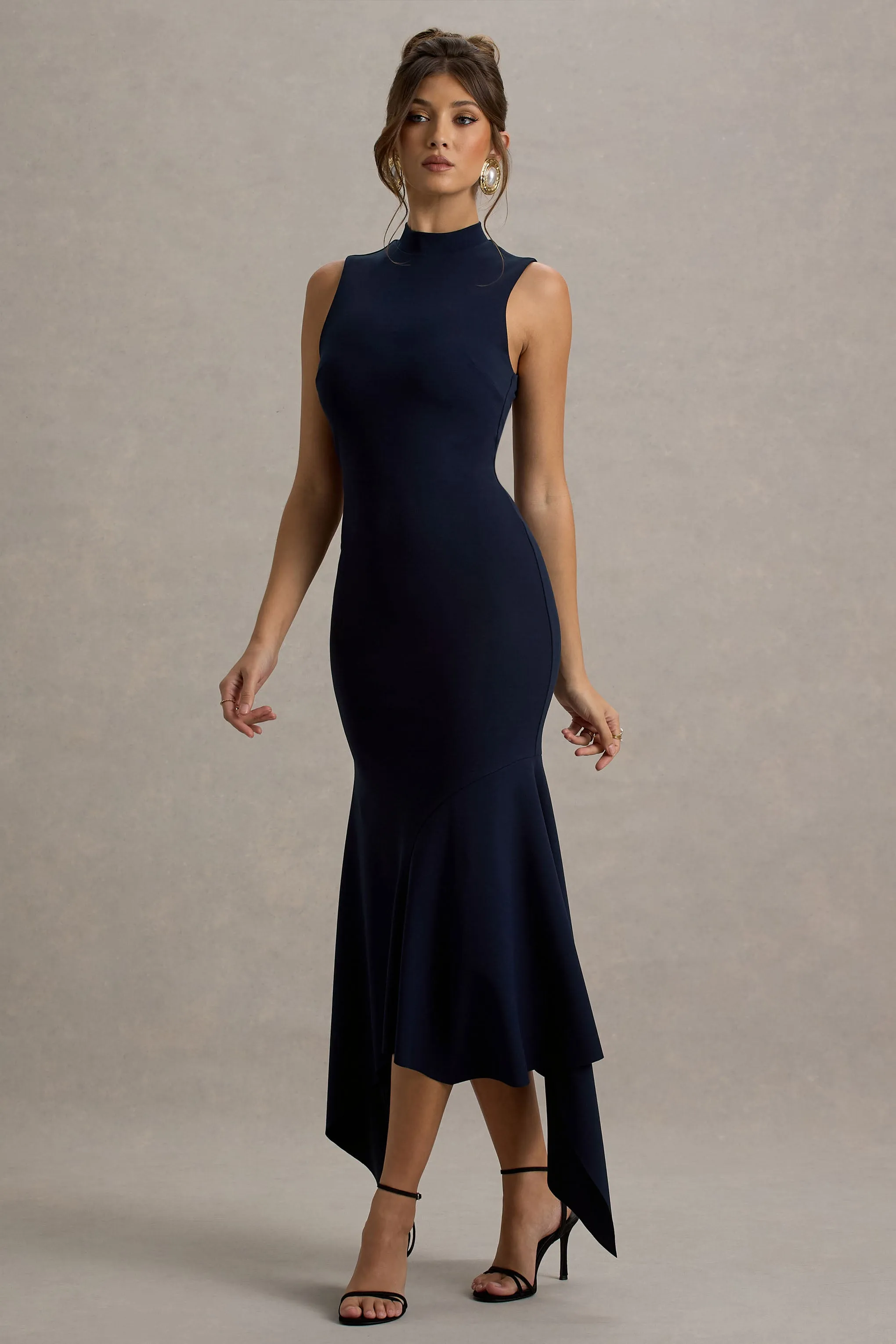 Janice | Navy High-Neck Hanky-Hem Maxi Dress Club L London