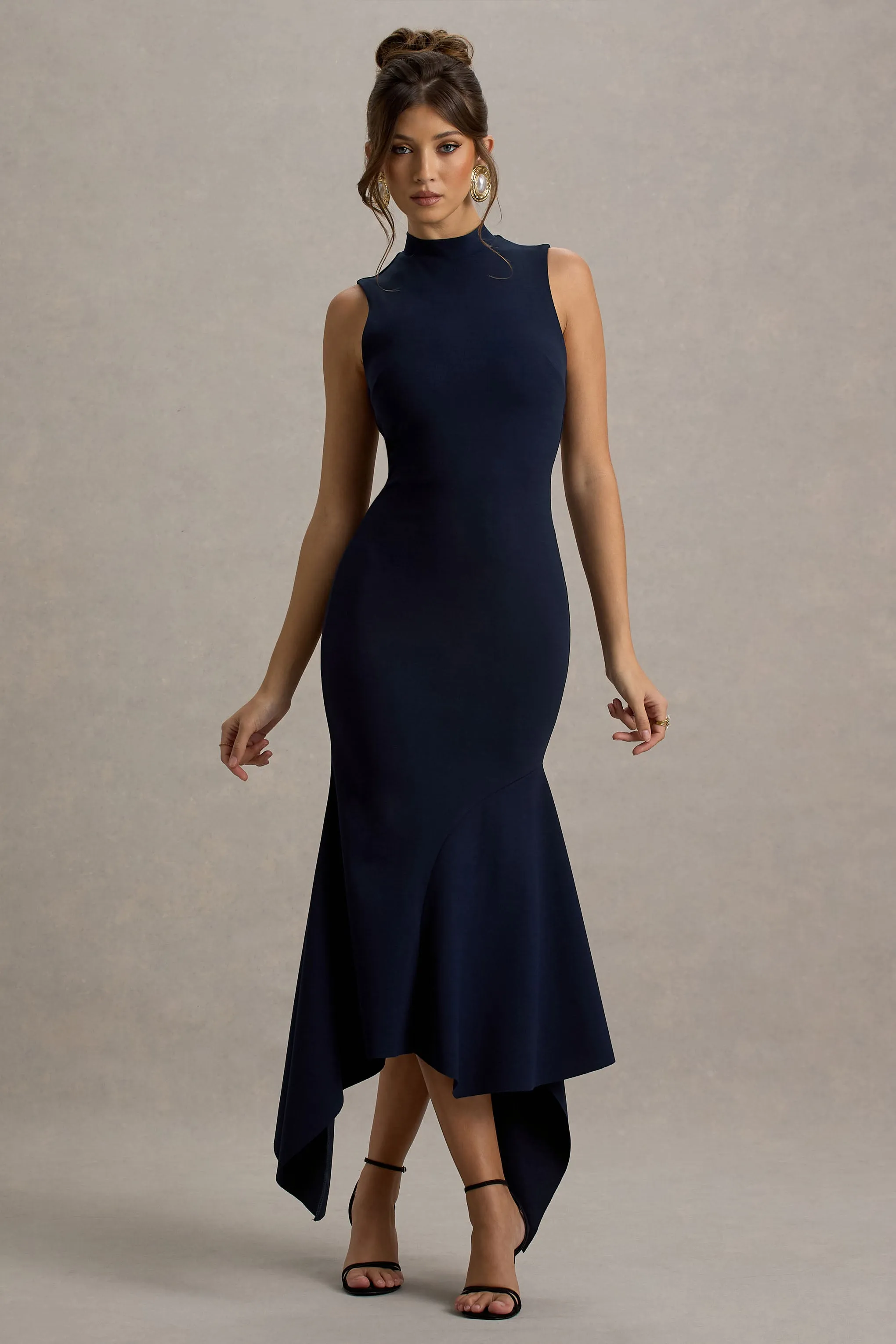 Janice | Navy High-Neck Hanky-Hem Maxi Dress Club L London