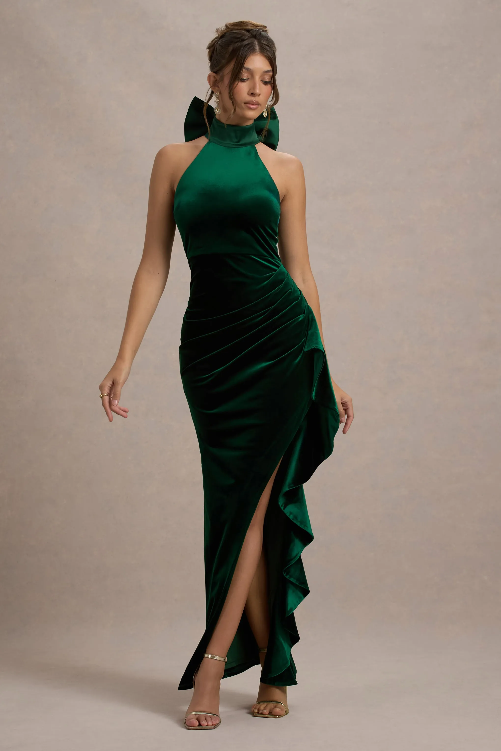 Janiya | Green Velvet High-Neck Ruffled Split Maxi Dress Club L London