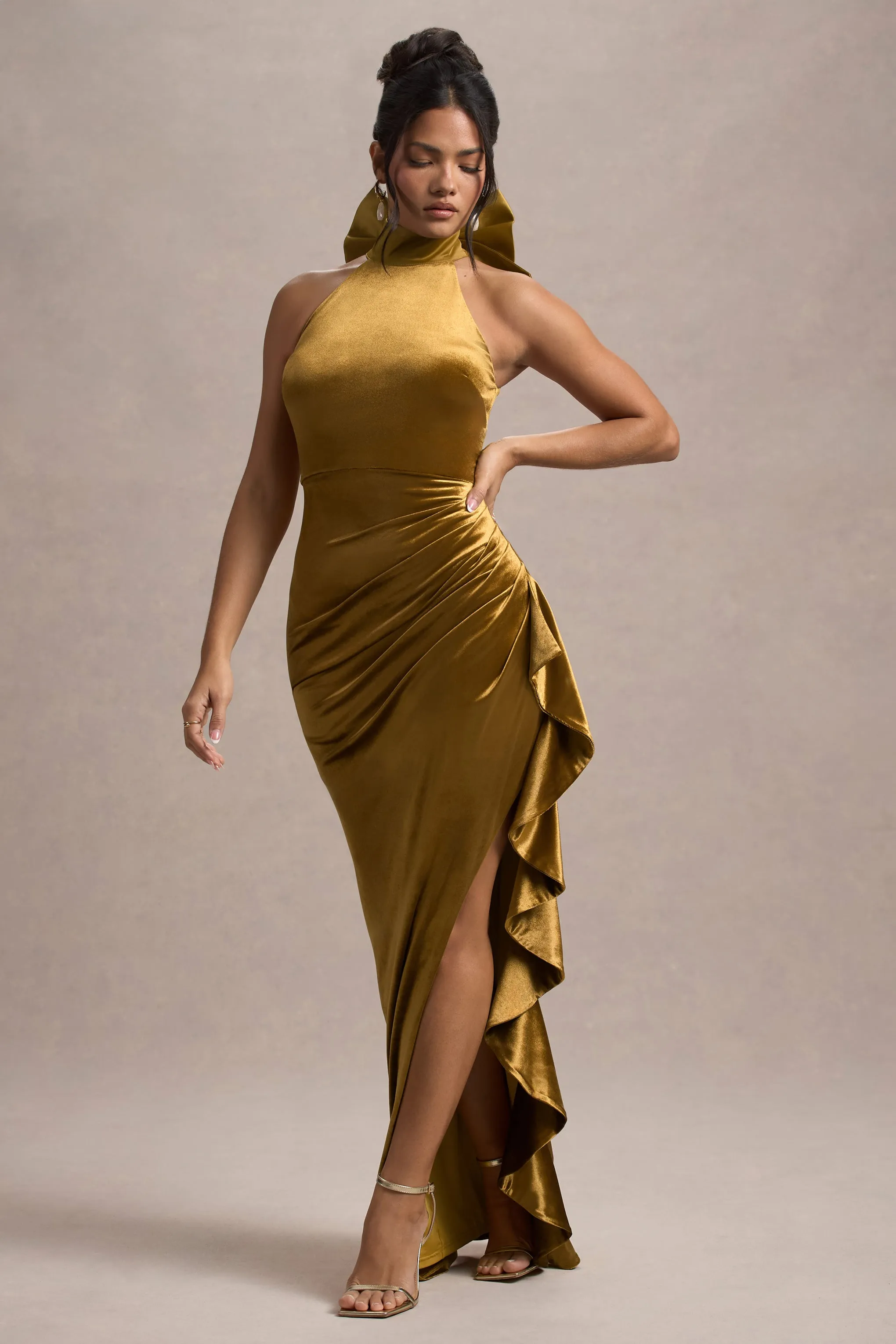 Janiya | Mustard Velvet High-Neck Ruffled Split Maxi Dress Club L London