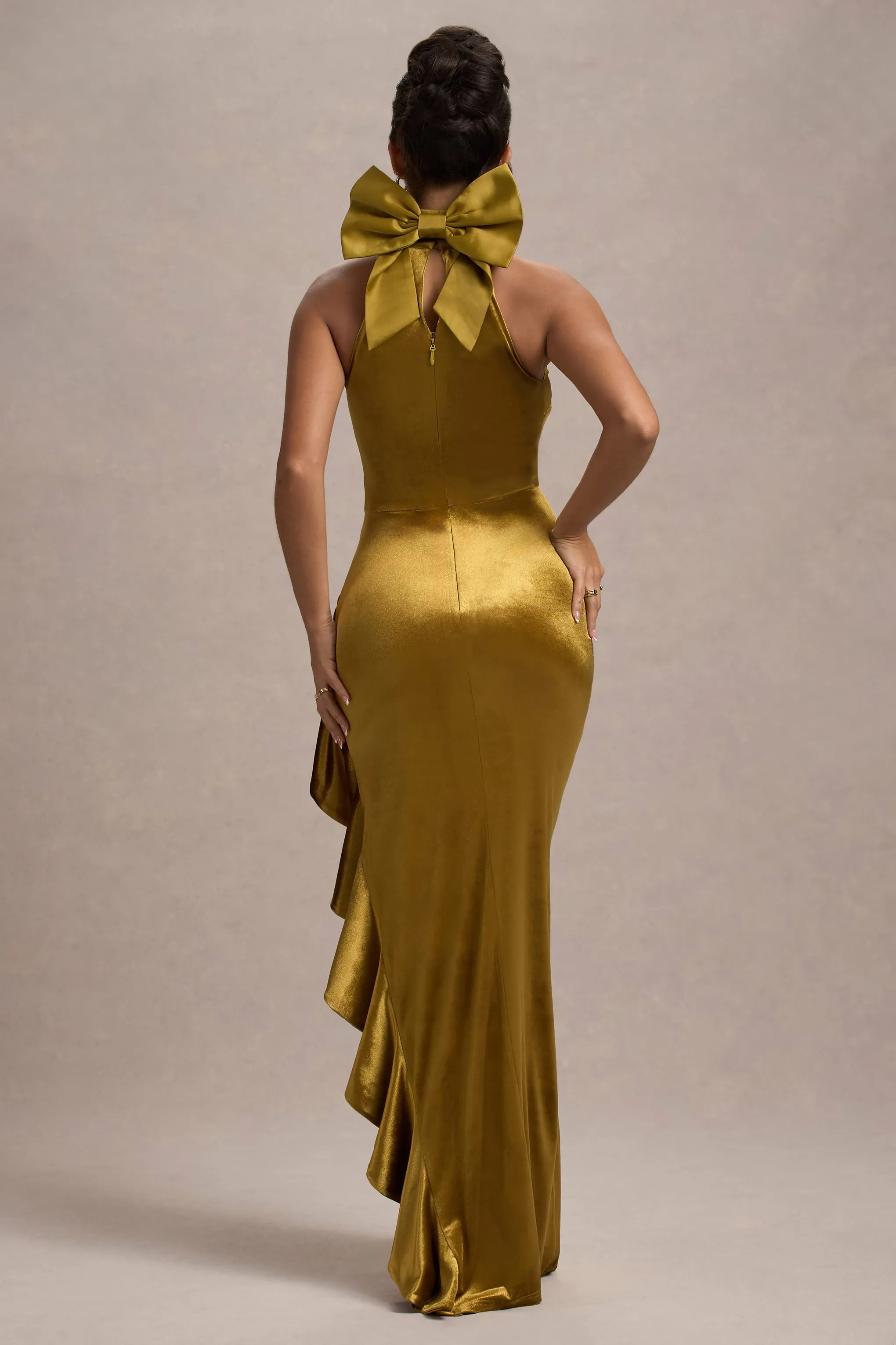 Janiya | Mustard Velvet High-Neck Ruffled Split Maxi Dress Club L London