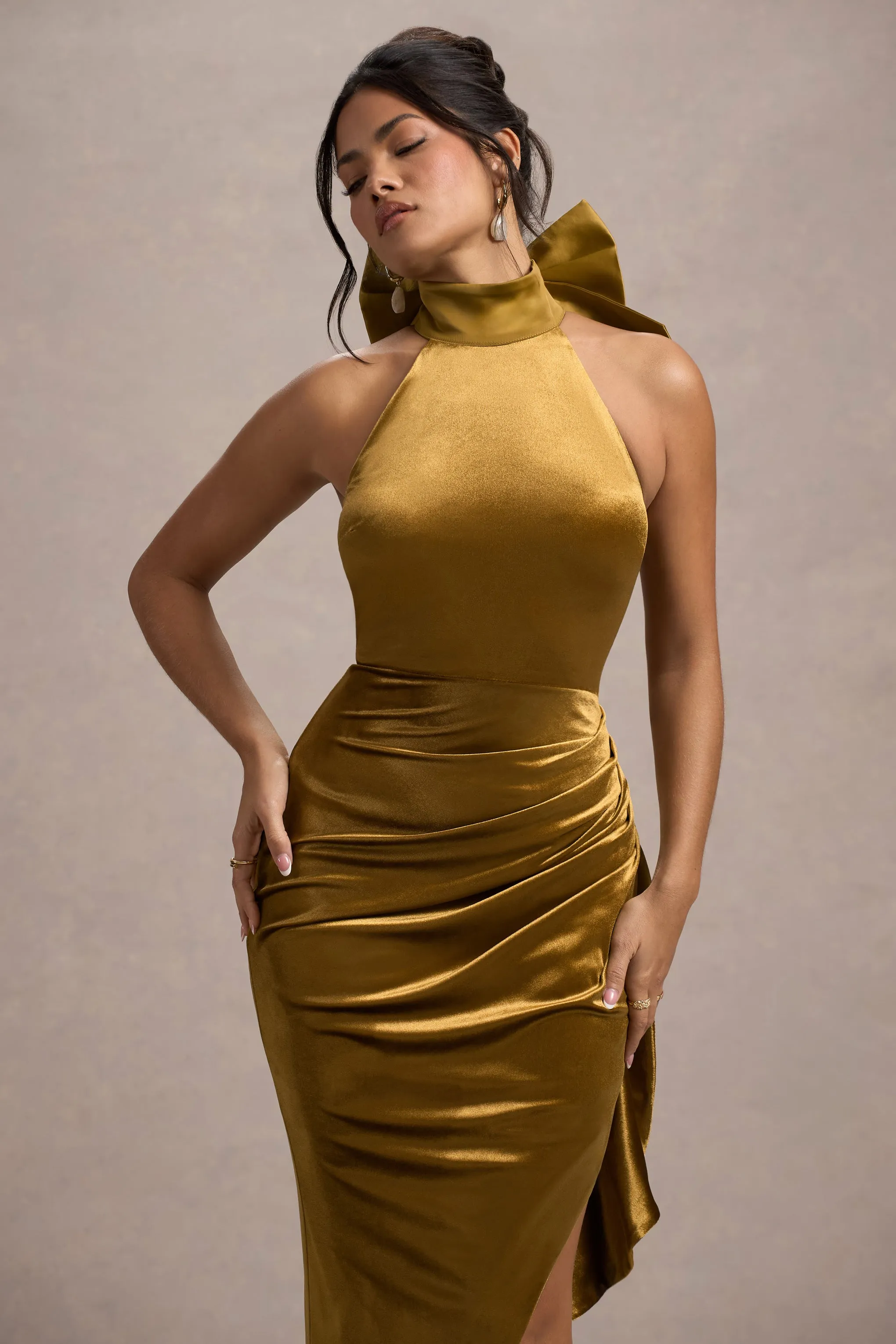 Janiya | Mustard Velvet High-Neck Ruffled Split Maxi Dress Club L London