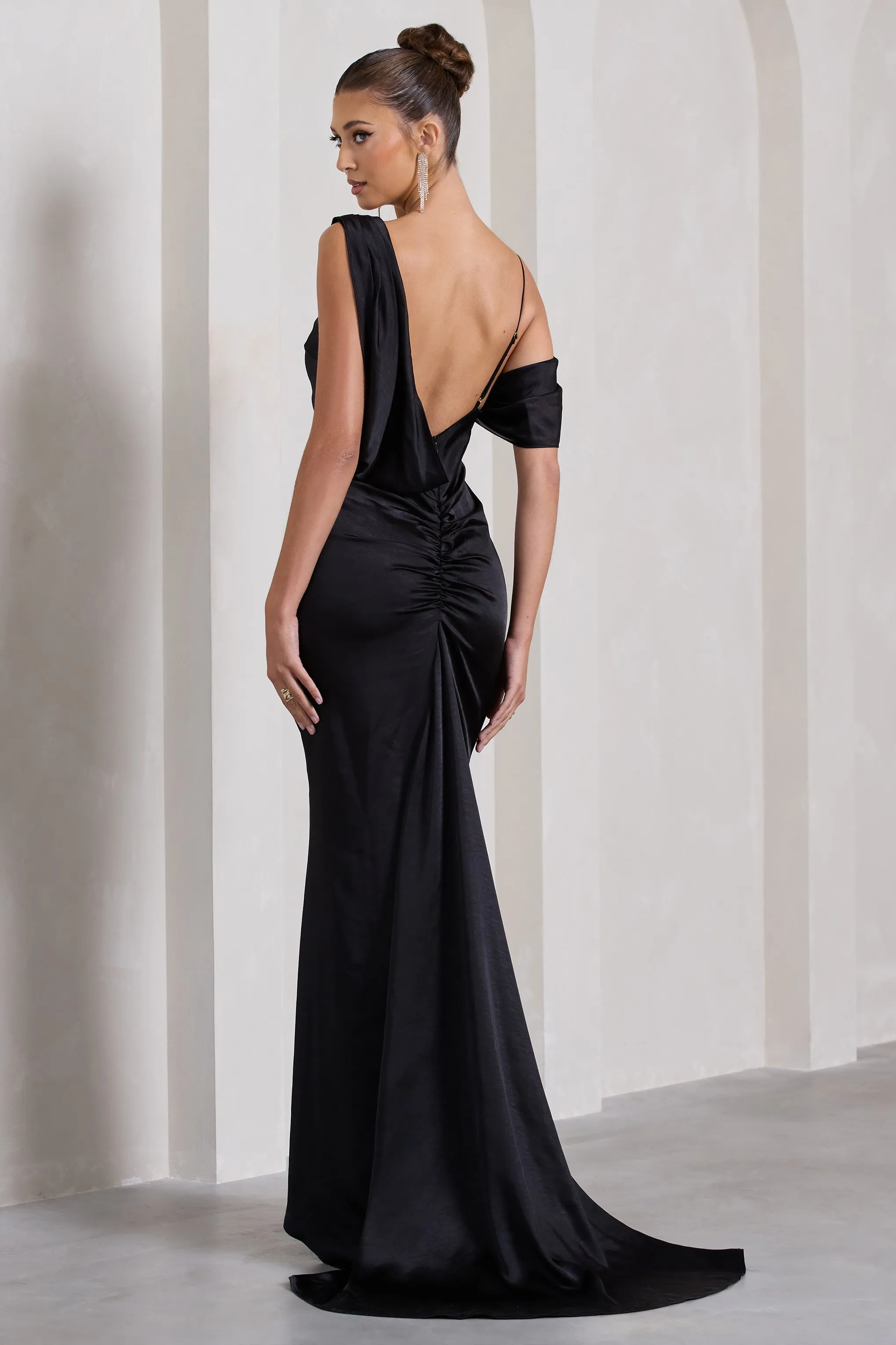 Jayne | Black Satin Asymmetric Draped Split Maxi Dress Club L London