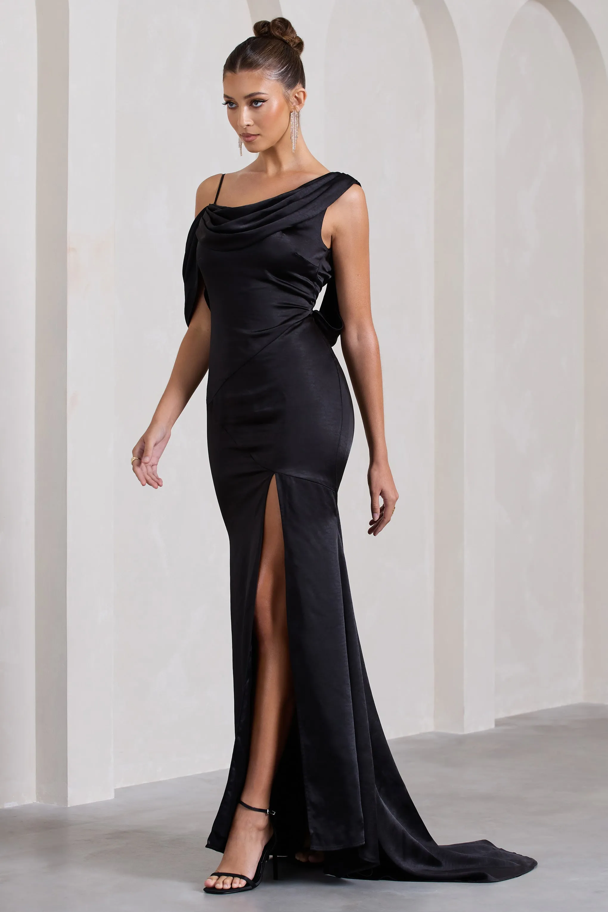 Jayne | Black Satin Asymmetric Draped Split Maxi Dress Club L London