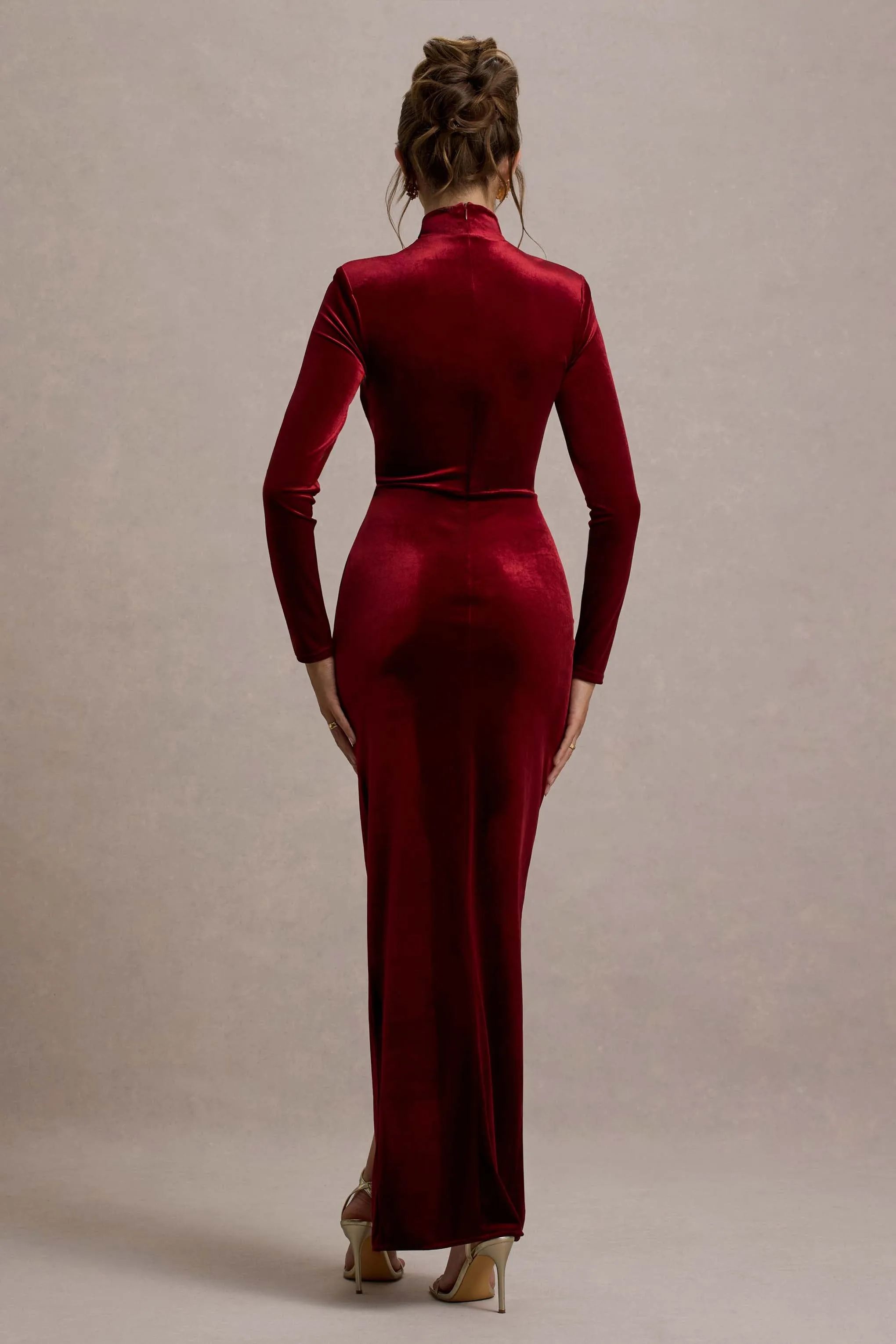 Jaz | Berry Velvet High-Neck Gathered Split Maxi Dress Club L London