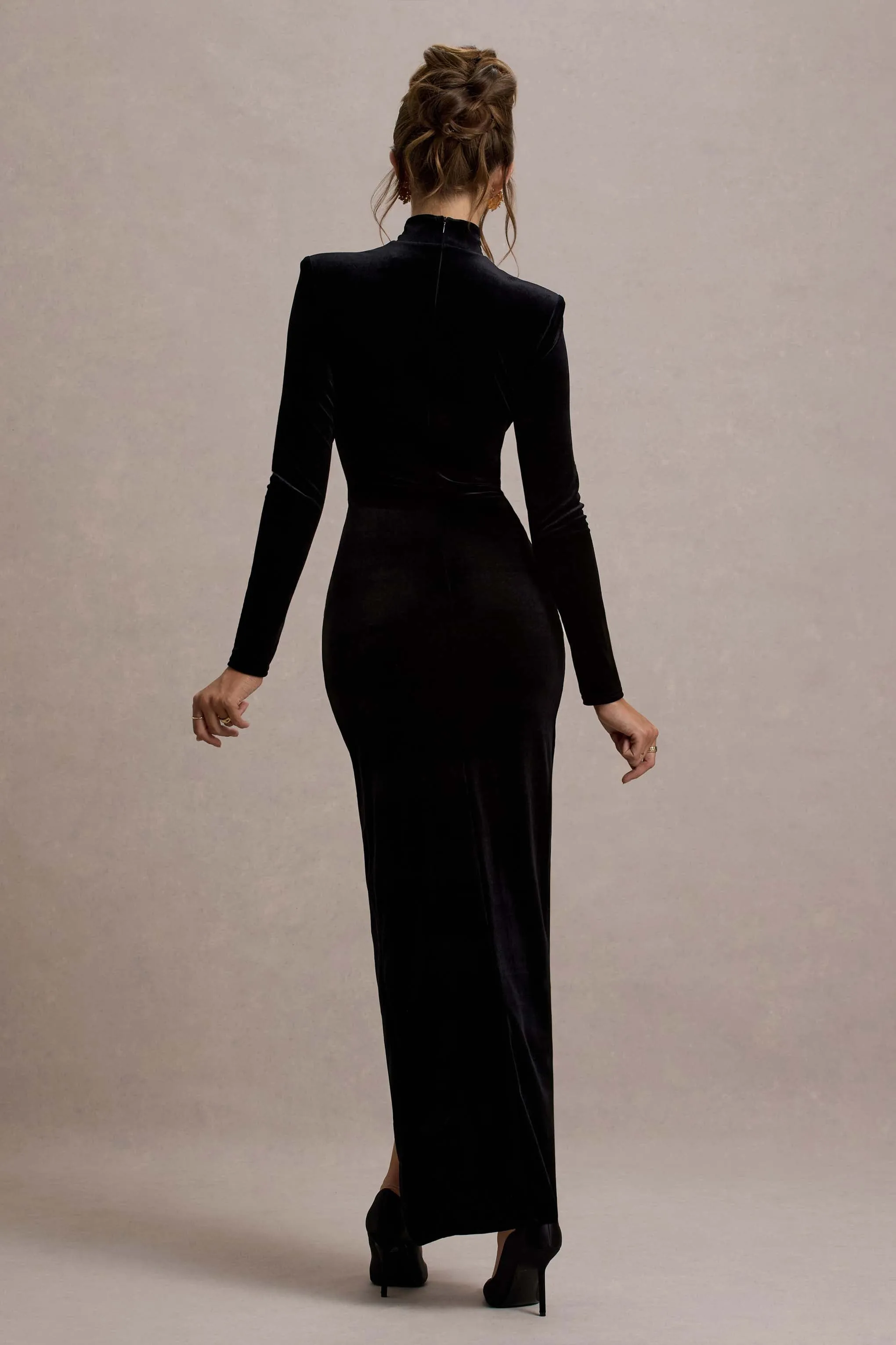 Jaz | Black Velvet High-Neck Gathered Split Maxi Dress Club L London