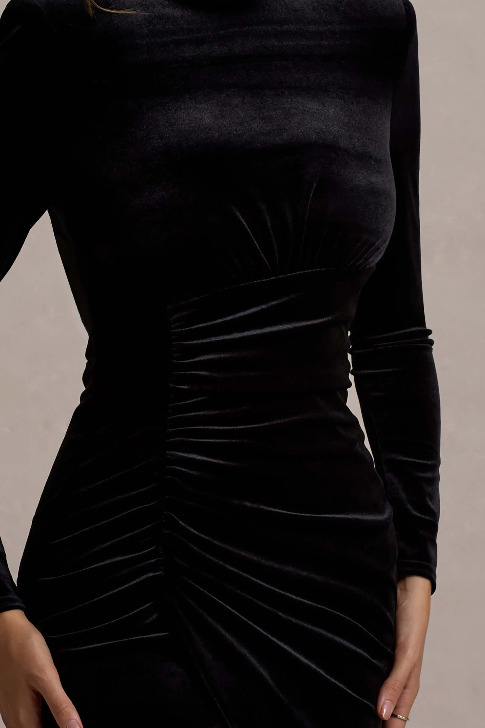 Jaz | Black Velvet High-Neck Gathered Split Maxi Dress Club L London