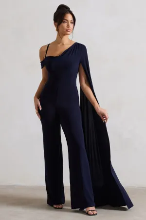 Jelena | Navy Asymmetric Draped Straight-Leg Jumpsuit With Cape Sleeve Club L London