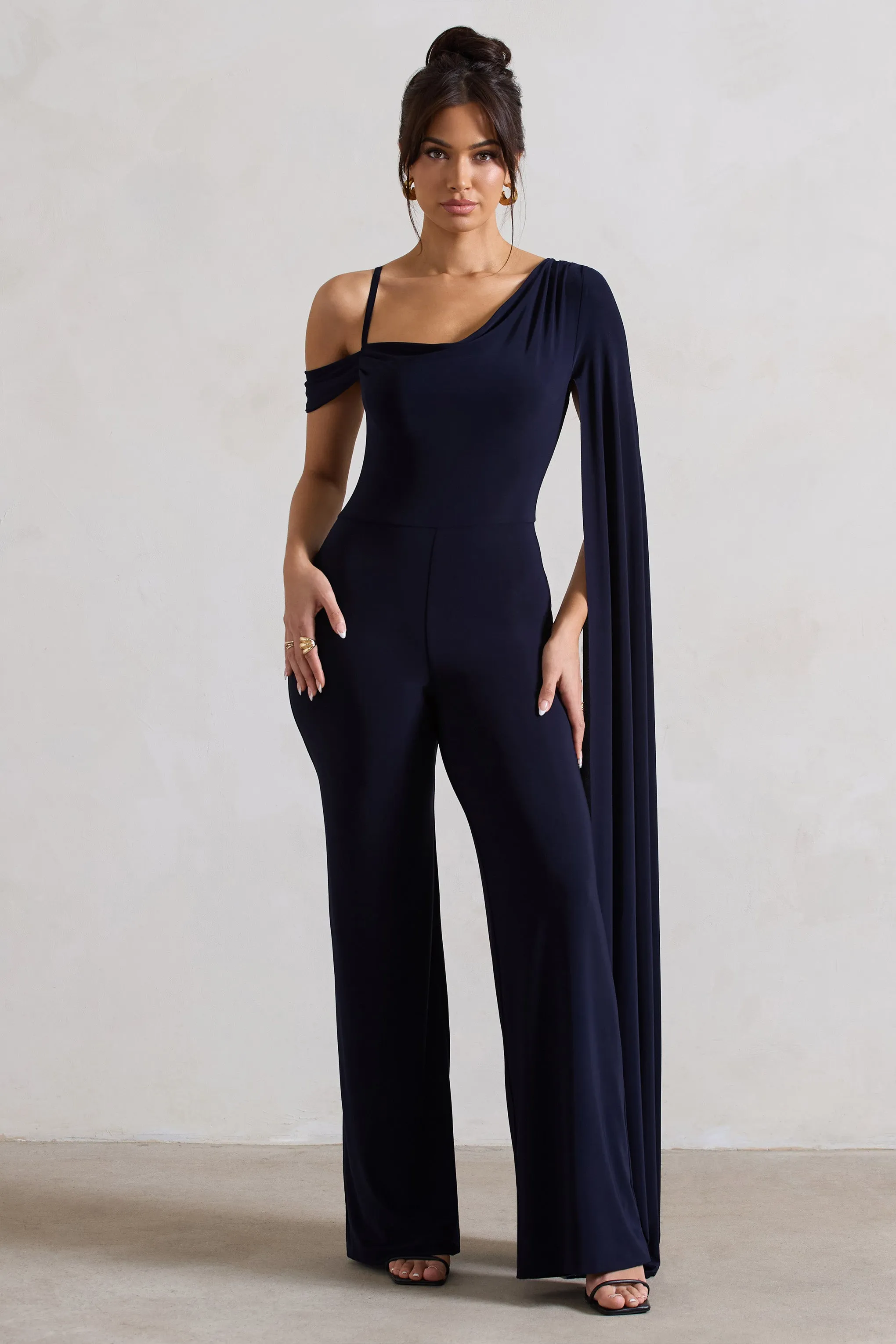 Jelena | Navy Asymmetric Draped Straight-Leg Jumpsuit With Cape Sleeve Club L London
