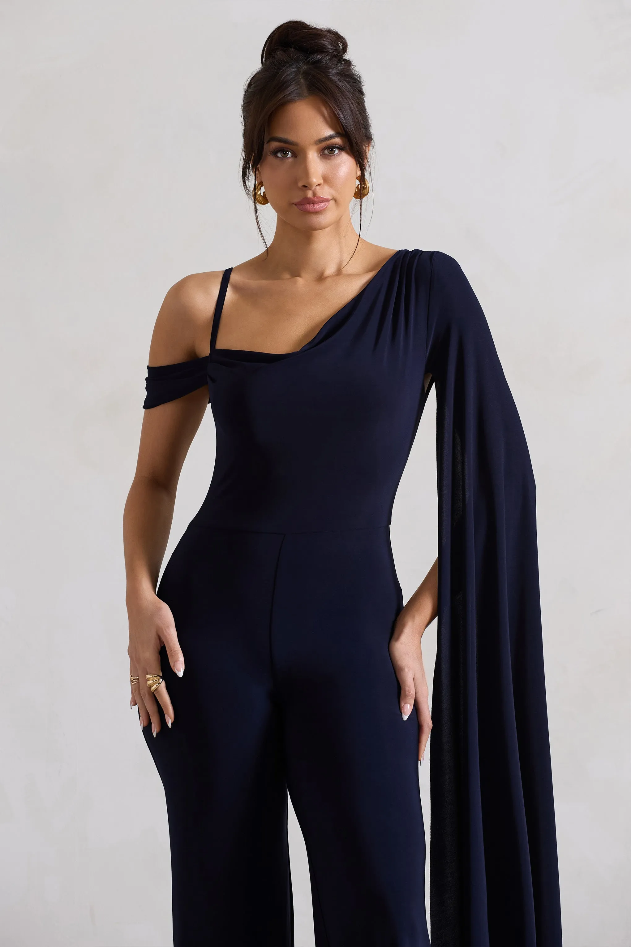 Jelena | Navy Asymmetric Draped Straight-Leg Jumpsuit With Cape Sleeve Club L London