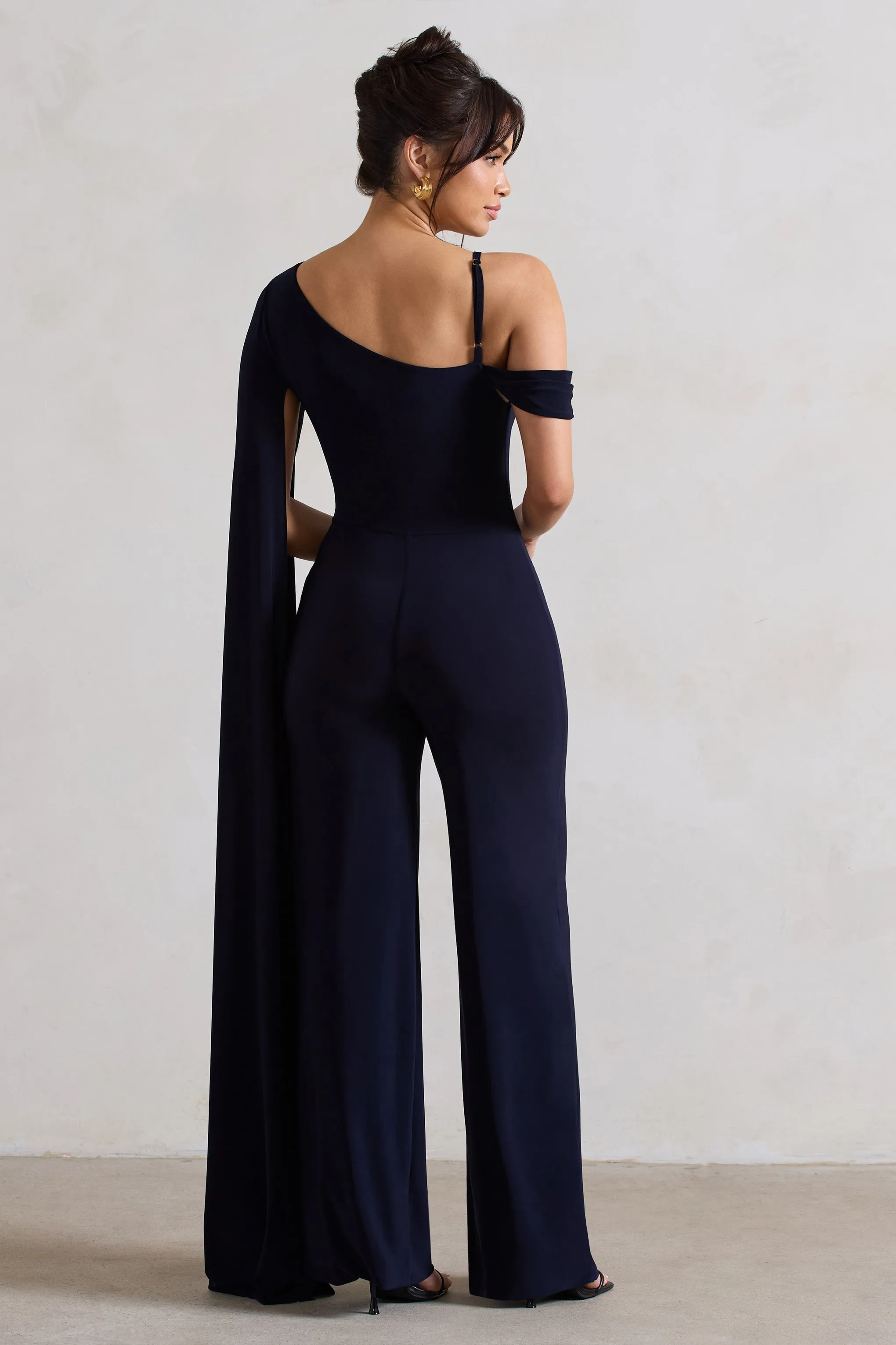 Jelena | Navy Asymmetric Draped Straight-Leg Jumpsuit With Cape Sleeve Club L London