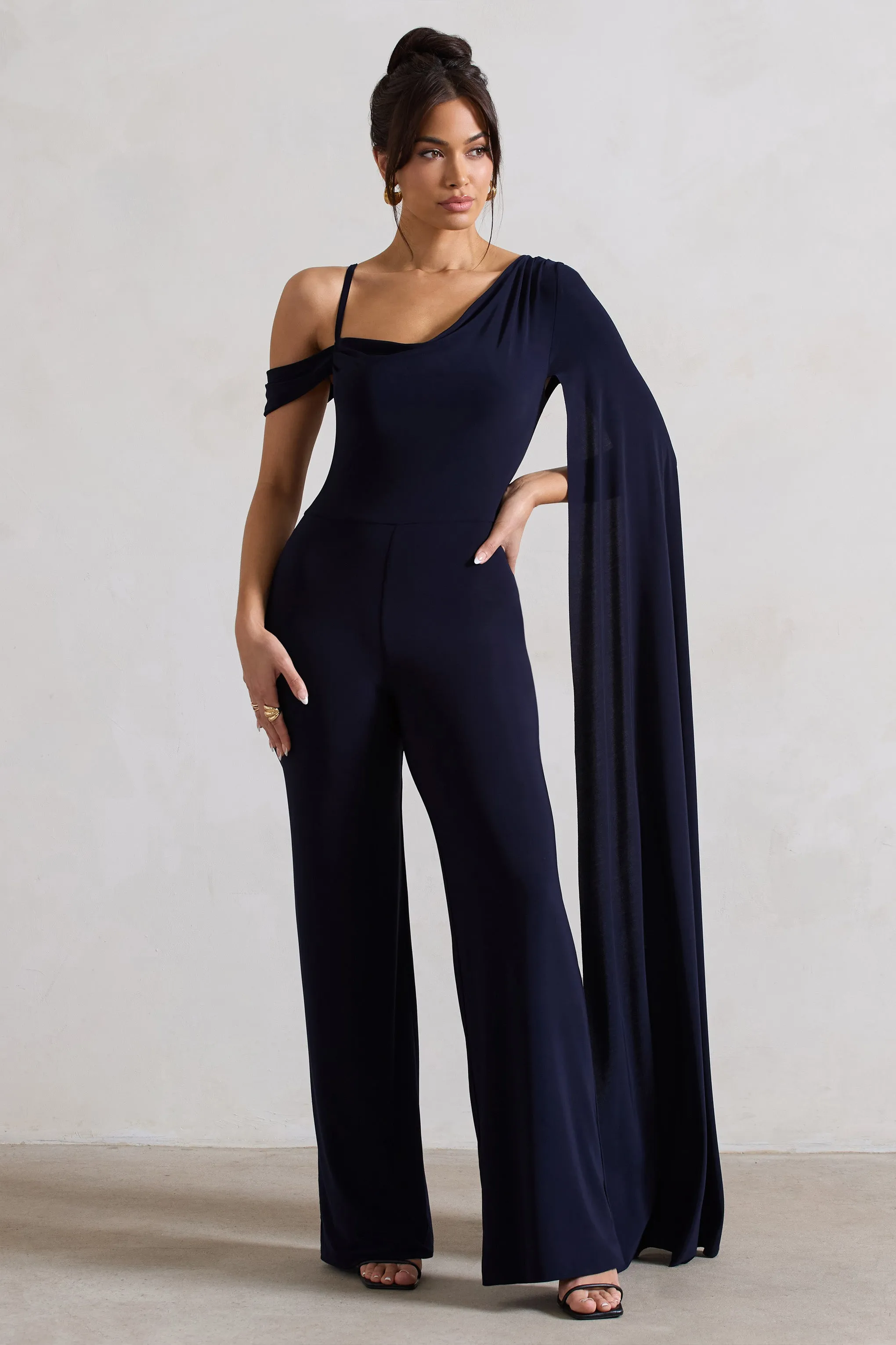 Jelena | Navy Asymmetric Draped Straight-Leg Jumpsuit With Cape Sleeve Club L London