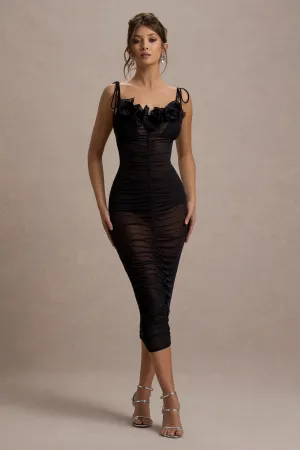 Jesi | Black Mesh Ruched Midi Dress With Ruffles Club L London