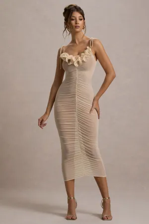 Jesi | Cream Mesh Ruched Midi Dress With Ruffles Club L London