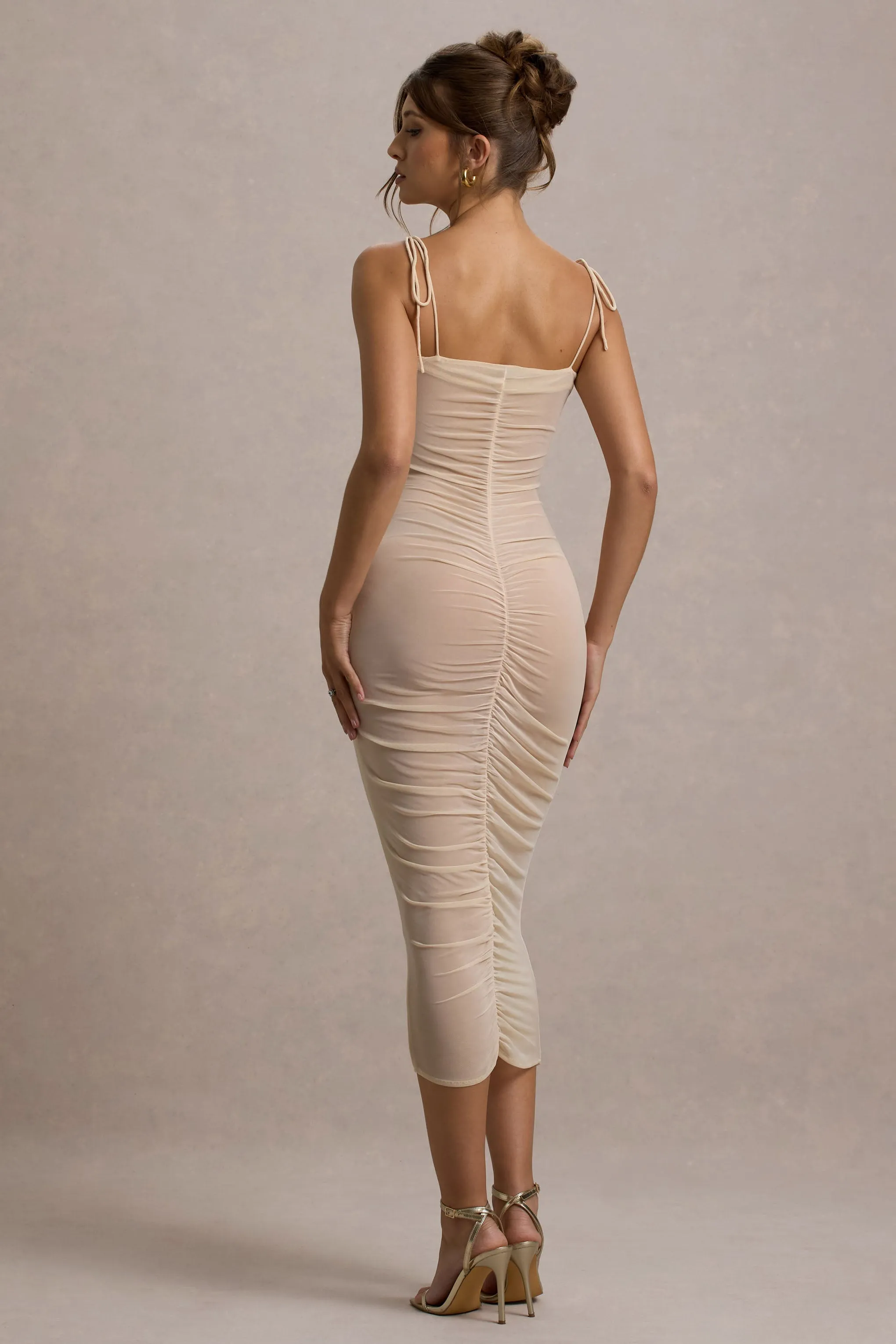 Jesi | Cream Mesh Ruched Midi Dress With Ruffles Club L London