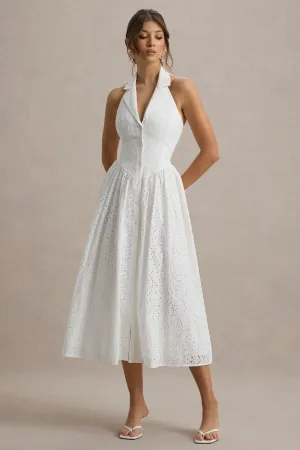 Jezebel | White Lace Plunge-Neck Collared Midi Dress Club L London