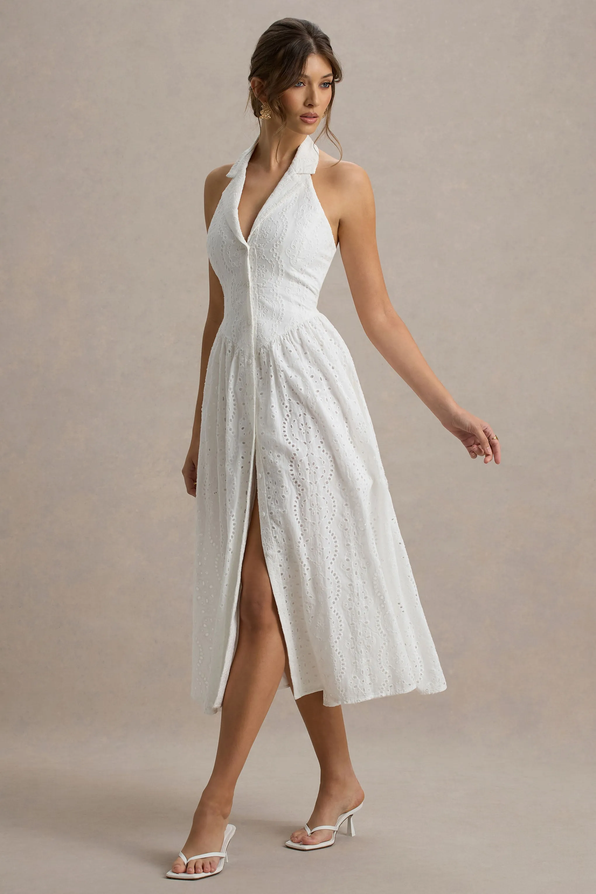 Jezebel | White Lace Plunge-Neck Collared Midi Dress Club L London