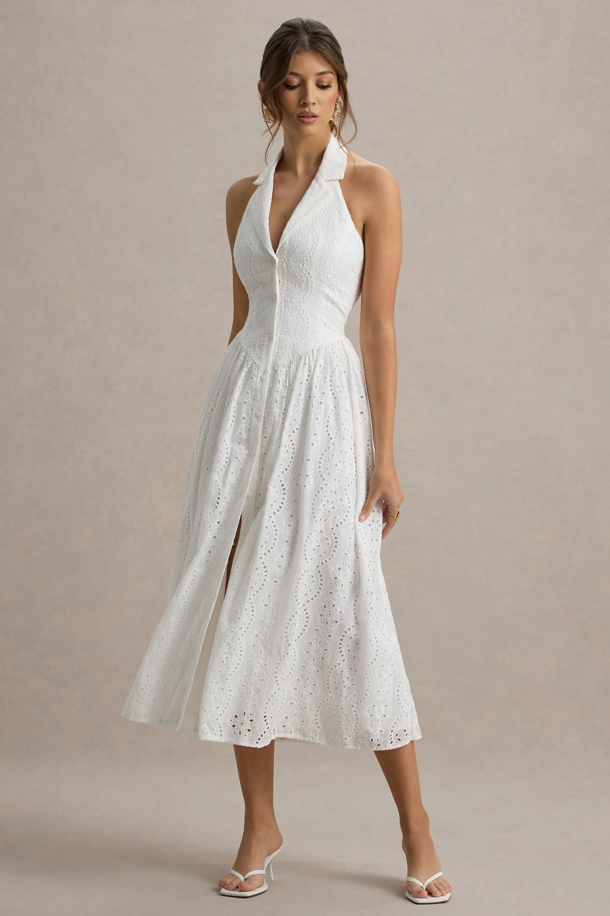 Jezebel | White Lace Plunge-Neck Collared Midi Dress Club L London