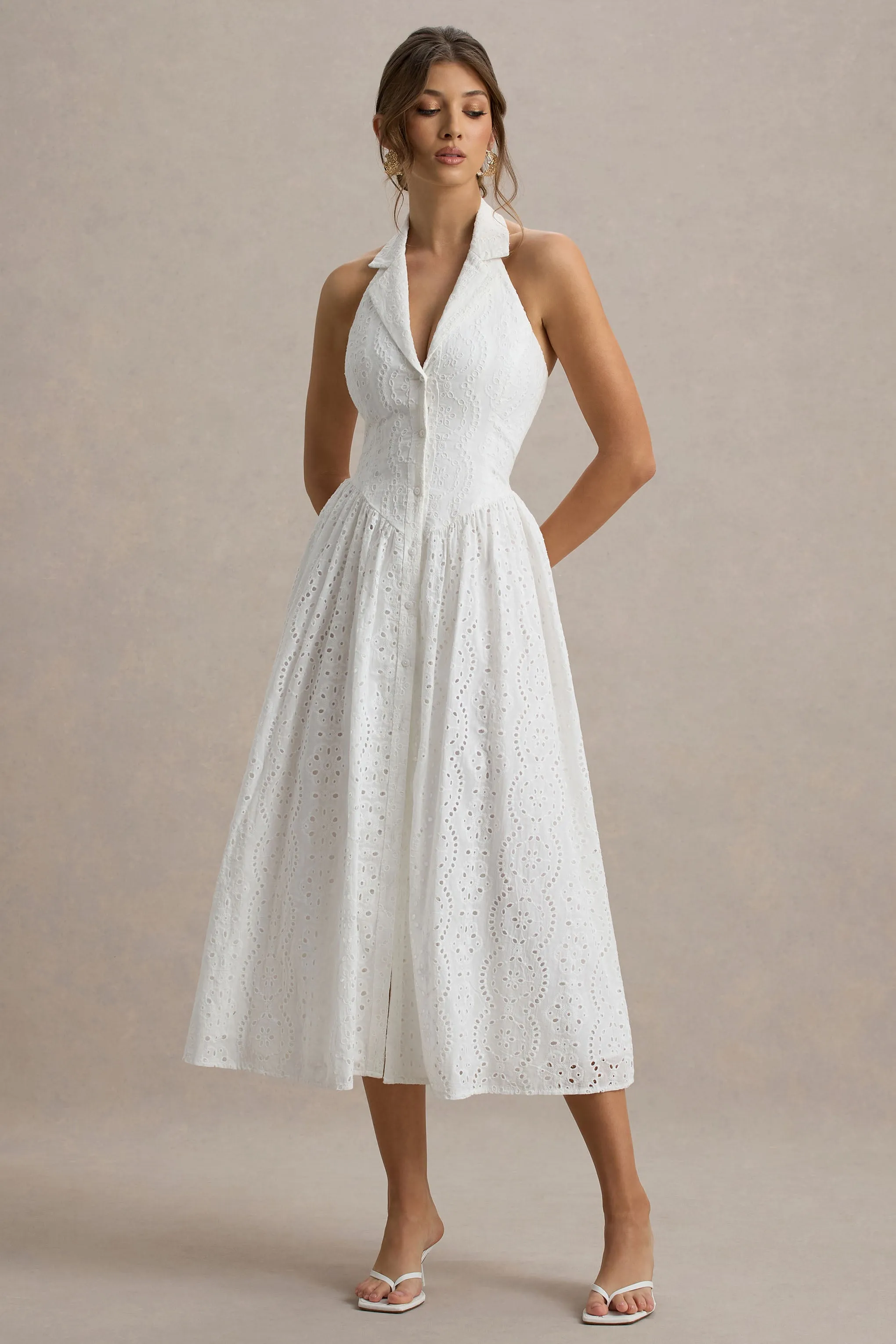 Jezebel | White Lace Plunge-Neck Collared Midi Dress Club L London