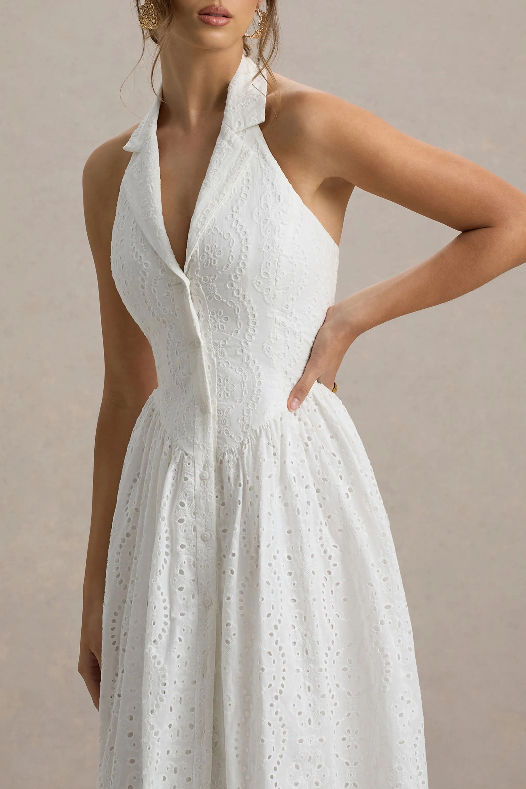Jezebel | White Lace Plunge-Neck Collared Midi Dress Club L London