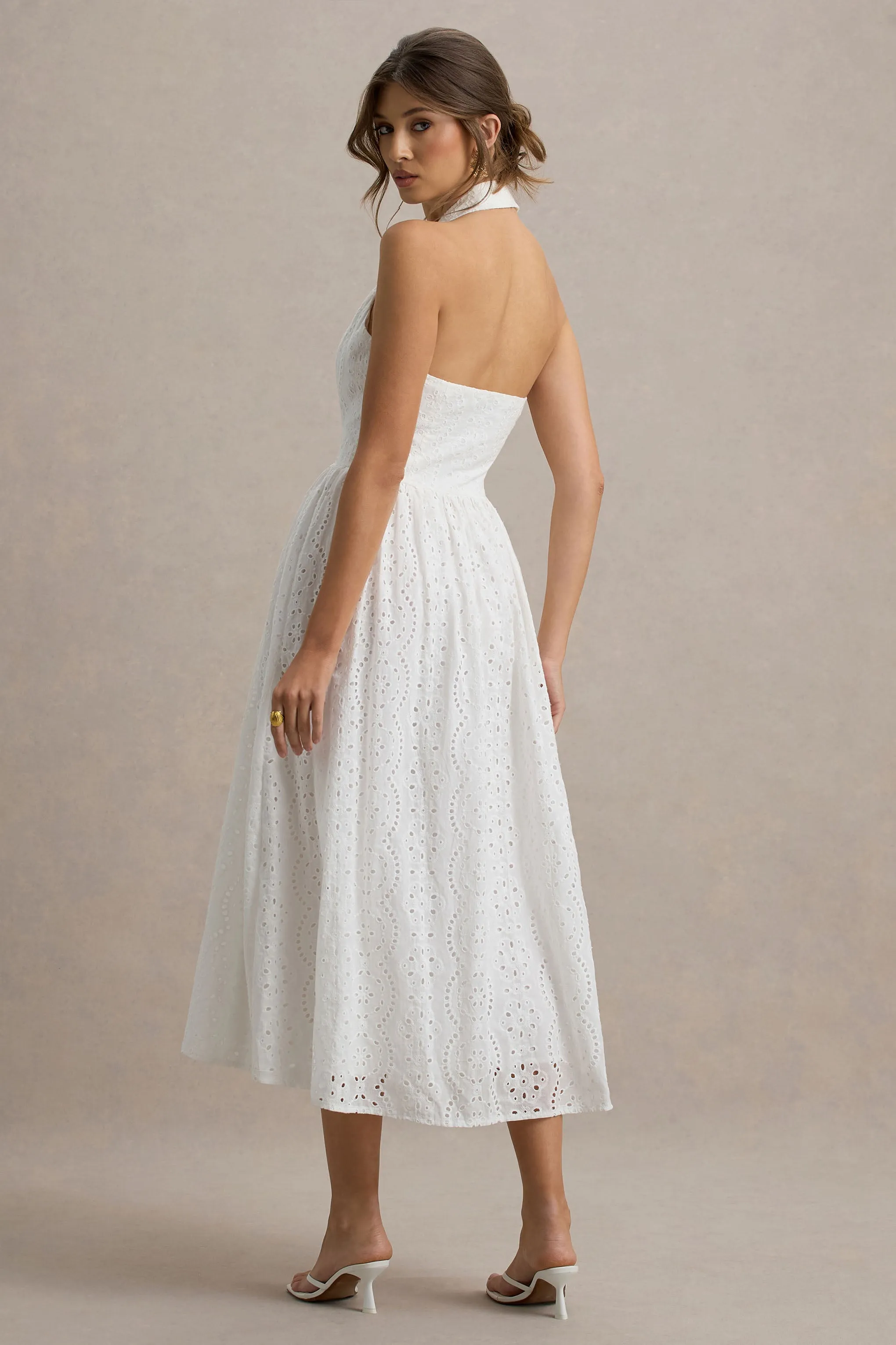 Jezebel | White Lace Plunge-Neck Collared Midi Dress Club L London