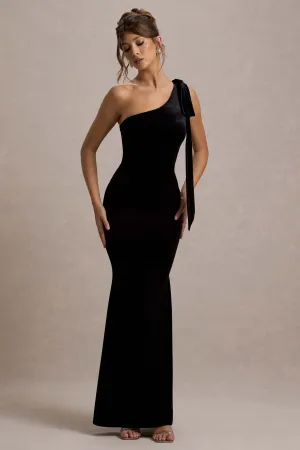 Jillian | Black Velvet Asymmetric Maxi Dress With Bow Strap Club L London