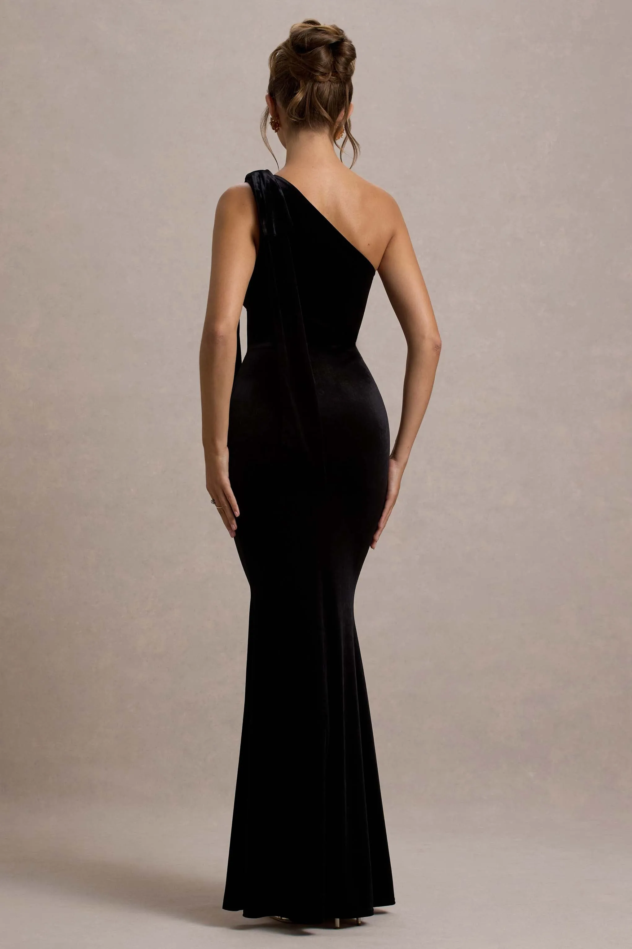 Jillian | Black Velvet Asymmetric Maxi Dress With Bow Strap Club L London